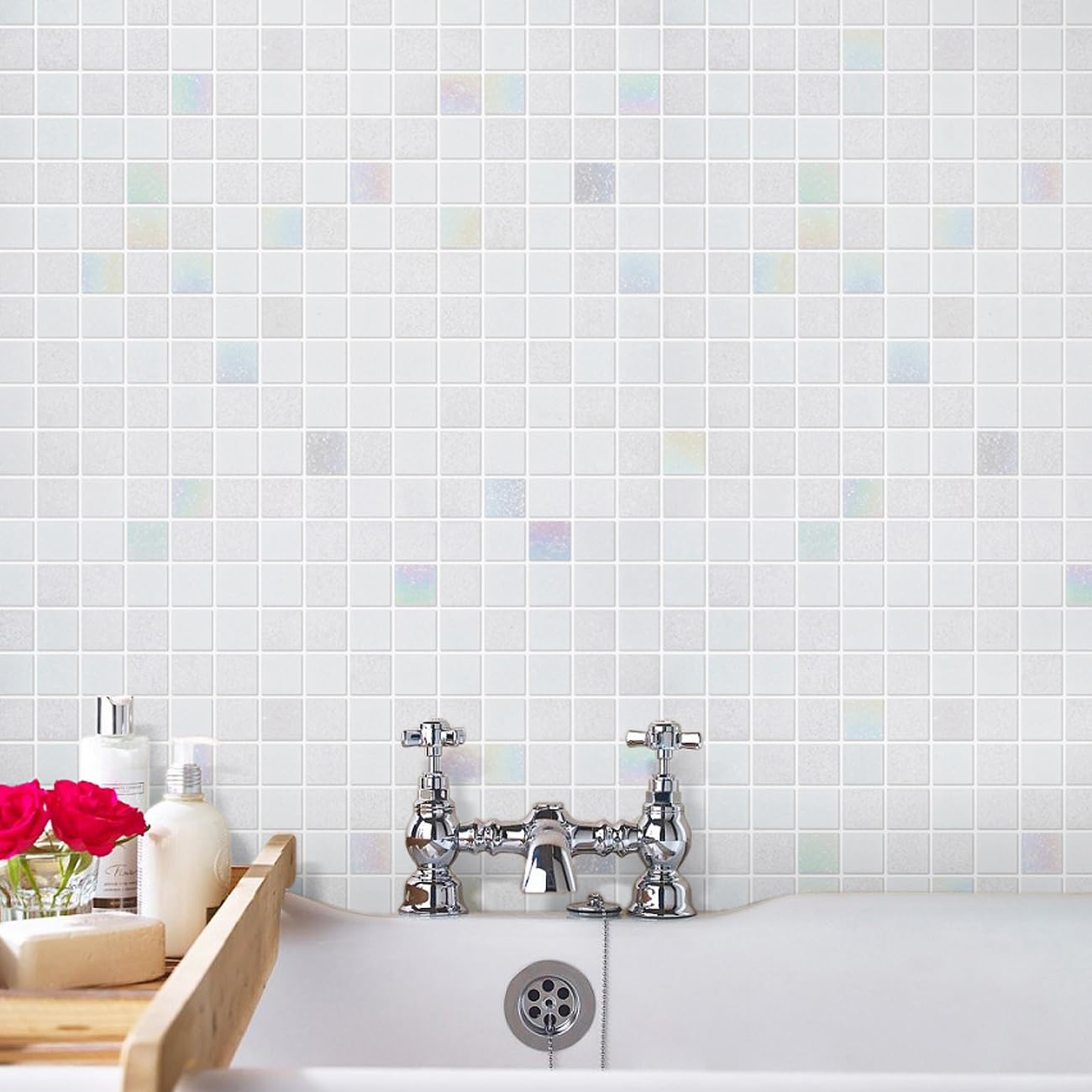 11.5sqft Iridescent Mosaic Tiles - Peel and Stick Waterproof Bathroom Floor & Wall Tile, Kitchen Backsplash, Shower, Fireplace Accent - Perfect for Home, Hotel, Restaurant, Pool Renovation (10pcs, Mixed White)