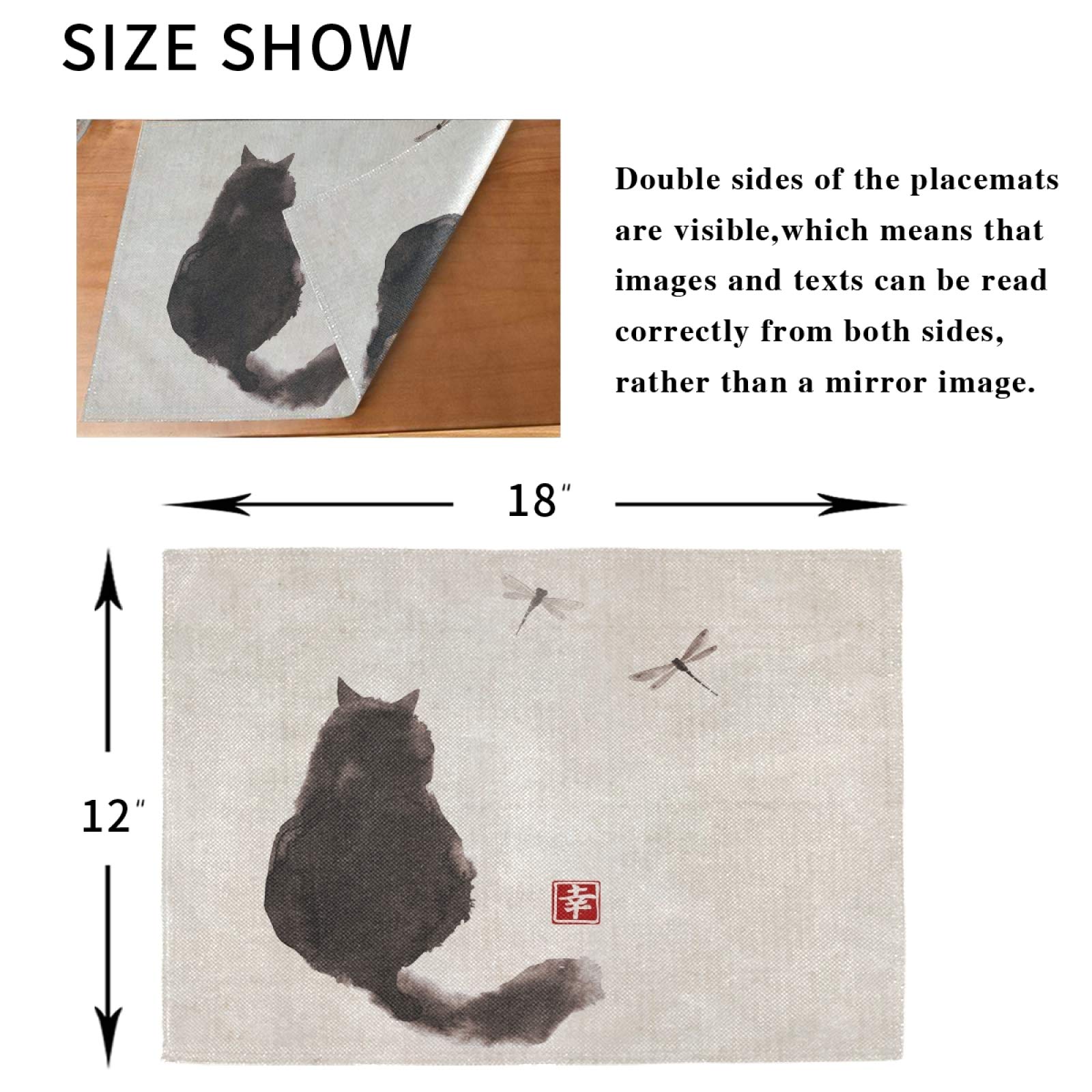 Retro Black Fluffy Cat & Dragonfly Placemats Set of 4 - Non-Slip Vinyl Table Mats 12x18 Inches for Dining Table, Kitchen Decor, Home Decoration - Perfect for Everyday Meals, Dinner Parties & Holiday Gatherings