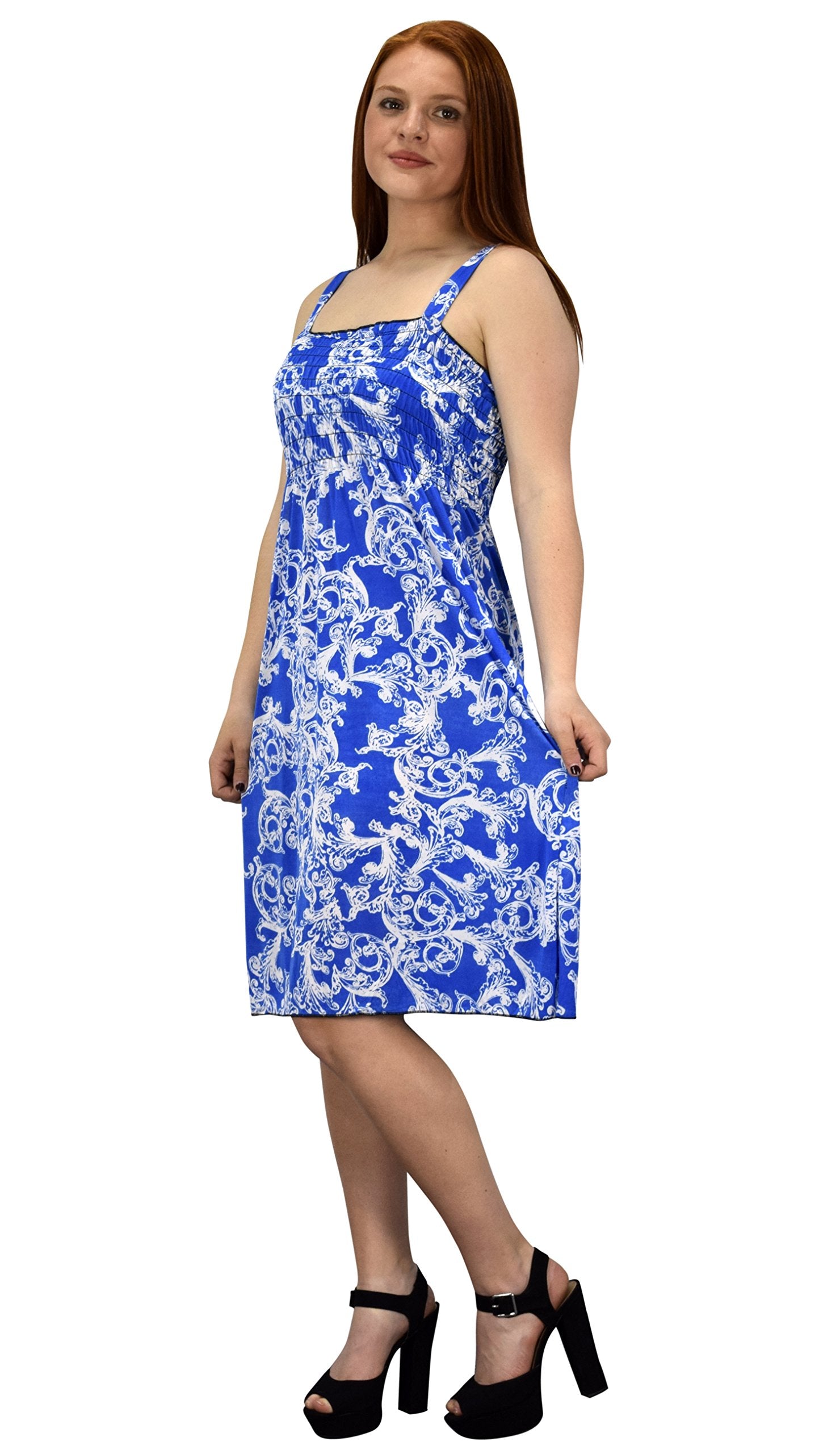 Women's Knee Length Exotic Smocked Printed Summer Dress - Blue & White Floral, Size L | Beach Cover Up, Vacation Outfit, Casual Day Dress