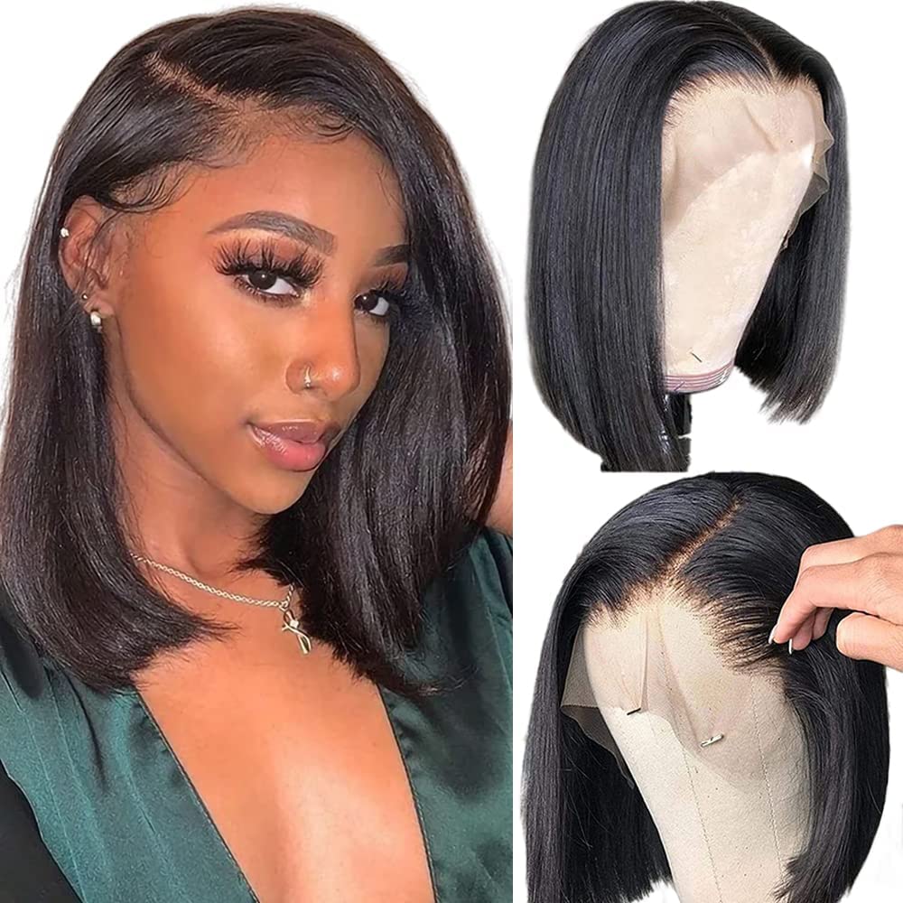 250% Density 13x4 HD Lace Front Bob Wig - Glueless Human Hair Pre Plucked with Baby Hair | Short Straight Frontal Bob Wig for Black Women | Natural Color 14 Inch | Perfect for Daily Wear, Parties & Special Occasions