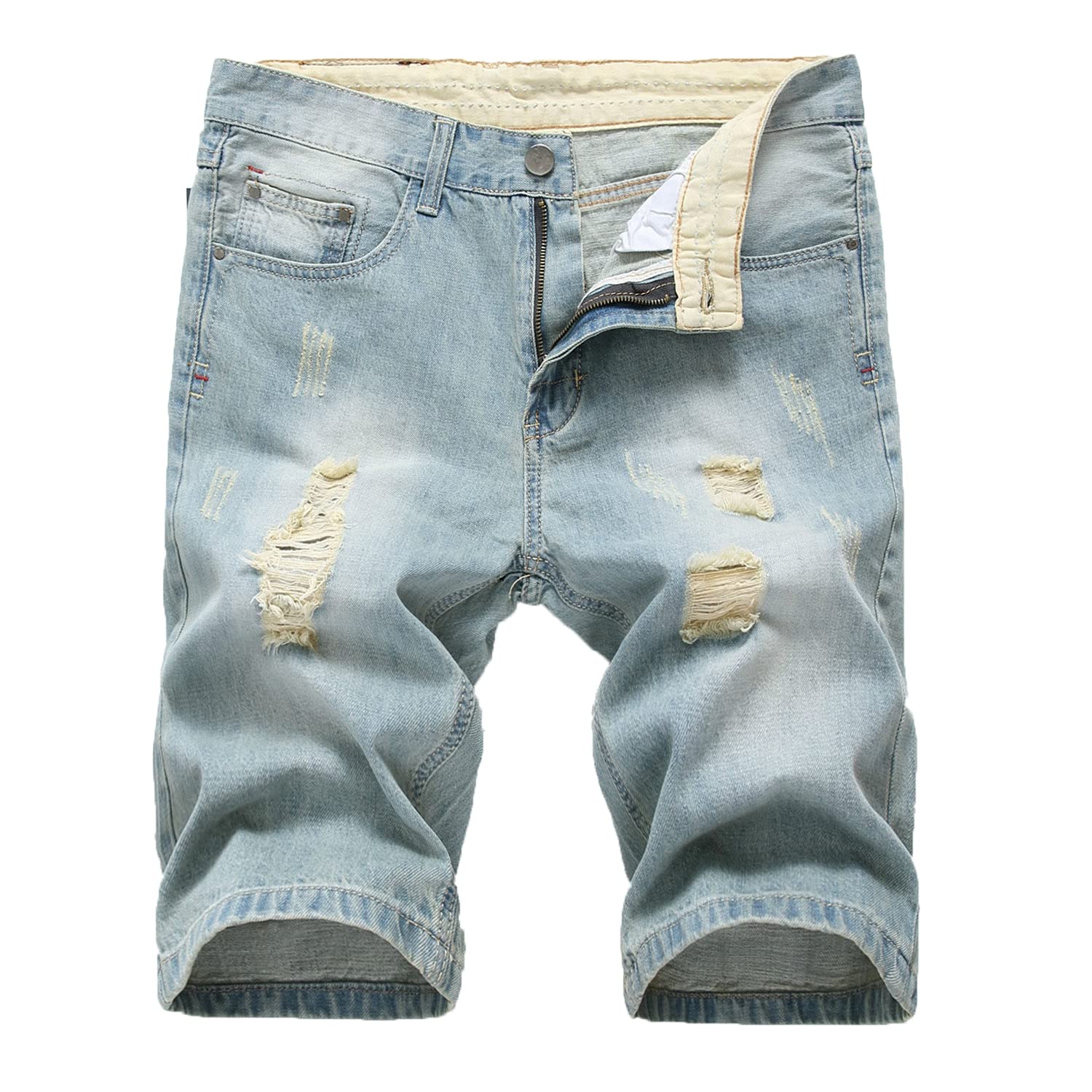 **Men's Distressed Slim Fit Ripped Denim Shorts - Light Blue Stretch Jeans Shorts with Pockets | Comfortable Straight Leg Casual Wear for Summer & Street Style**