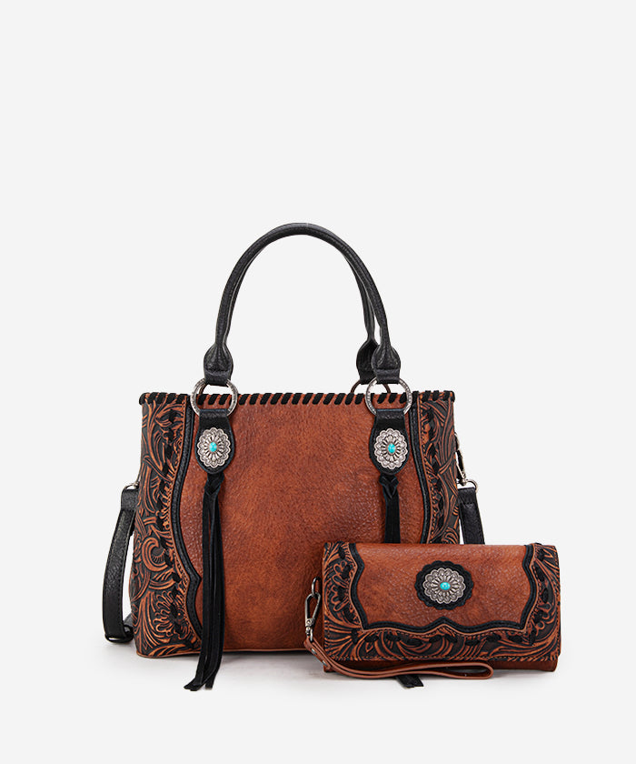 Trinity Ranch Floral Tooled Concho Tote Bag Set - Western Style Leather Handbag for Women - Perfect for Cowgirl Fashion, Rodeo Events & Country Outfits