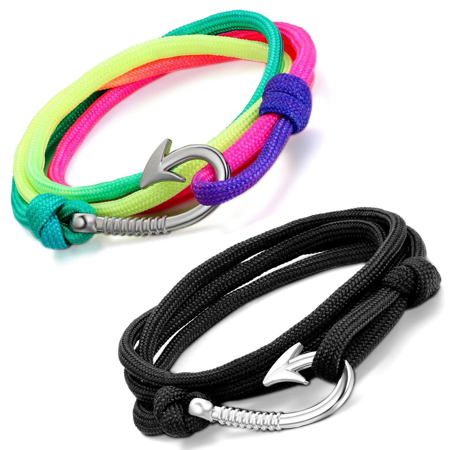Aroncent Leather Braided Fish Hook Bracelet for Men & Women - Adjustable Wrap Rope Wristband with Anchor Charm - Nautical Style Jewelry Gift for Valentine's Day, Christmas - Perfect for Beach Parties, Boat Trips & Outdoor Adventures