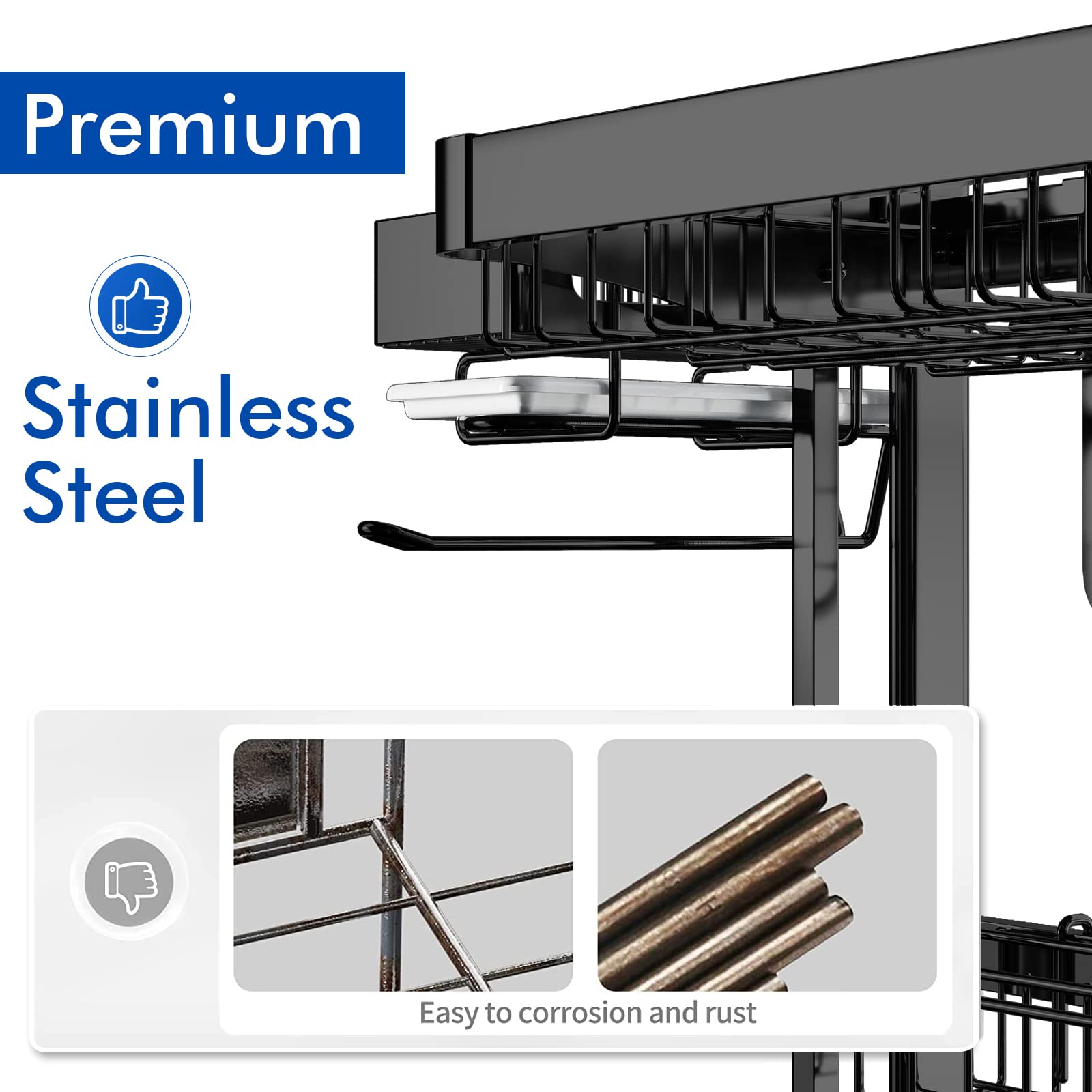 Stainless Steel Over Sink Dish Drying Rack - Adjustable Width (25.6-37.6in) Kitchen Organizer with Utensil Holder & Sponge Caddy | Space-Saving Countertop Storage for Small Kitchens & Apartments