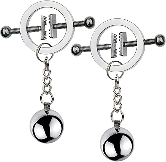 Adjustable Stainless Steel Nipple Clamps for Women - Non-Piercing Nipple Jewelry with Flirt Ring - Sensual BDSM Toy for Couples Play, Adult Intimacy & Role Play Scenes