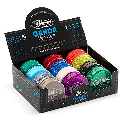 6 Pack - Beamer 3-Piece 63mm Acrylic Grinder with Detroit Logo - Opaque White + Free Sticker | Perfect for Herbs, Spices & Tobacco | Great for Travel, Camping & Home Use