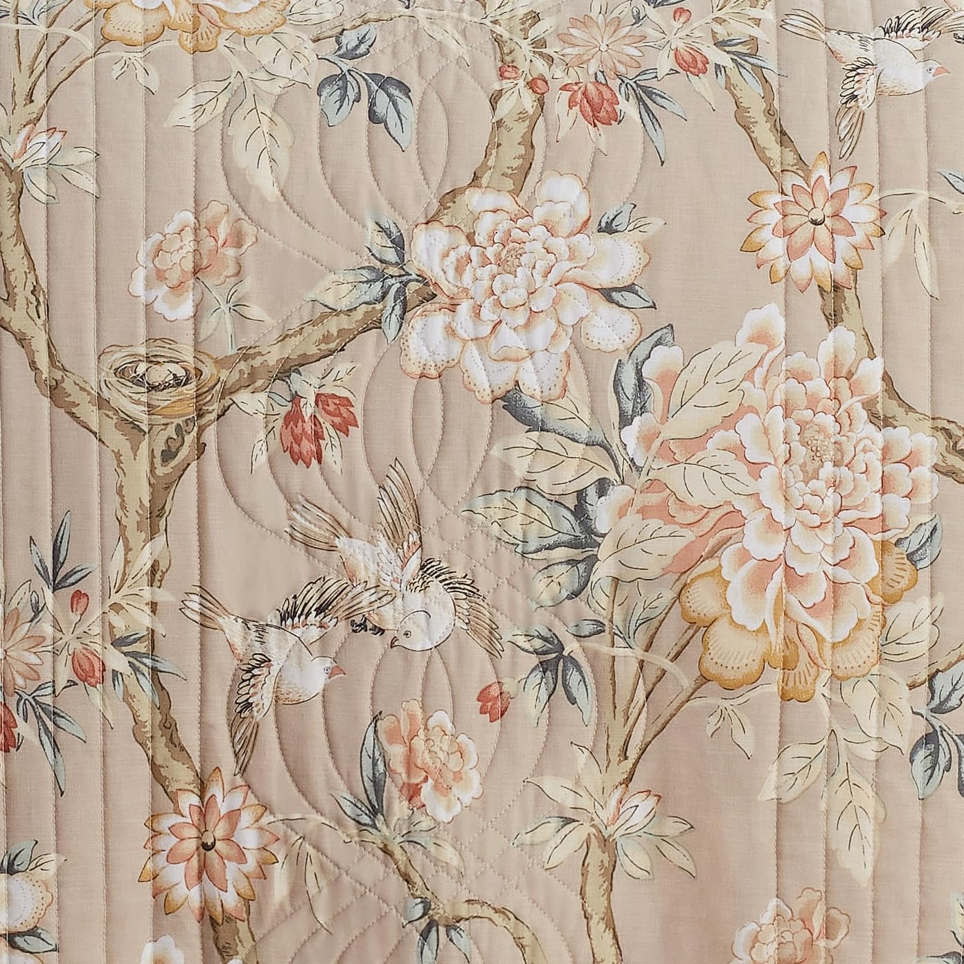 Waverly Peony Gardens 3-Piece Cotton Quilt Set - All Season Embellished Bedding with Quilt, Bed Skirt & Pillow Sham - Machine Washable Twin Size in Taupe - Perfect for Guest Rooms, Dorm Decor & Cozy Bedroom Makeovers