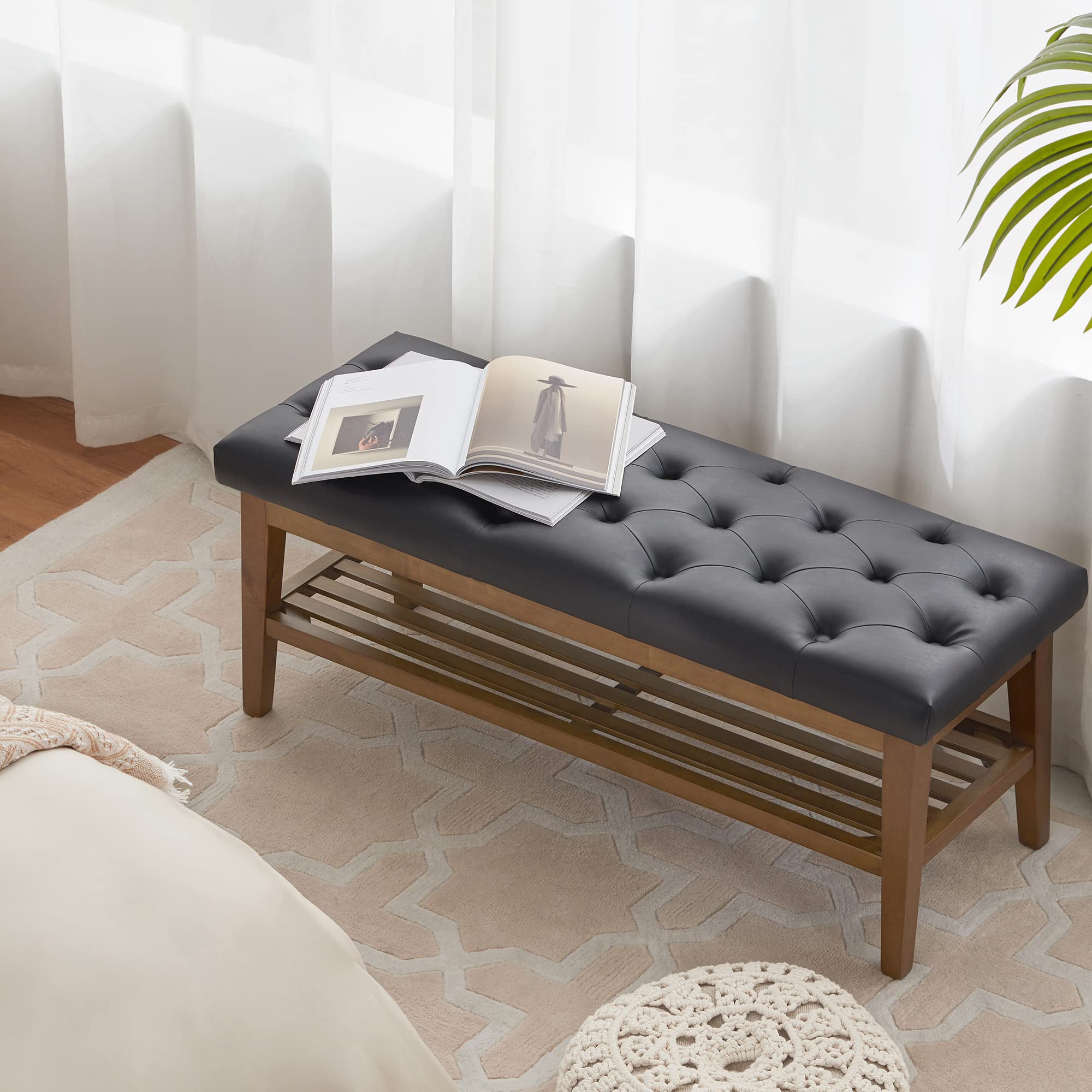 HUIMO PU Leather Entryway Bench with Button-Tufted Design - Solid Wood Shelf Storage Ottoman for Living Room, Bedroom & Dining Area - Versatile Shoe Bench, End of Bed Seat & Kitchen Dining Chair (Black)