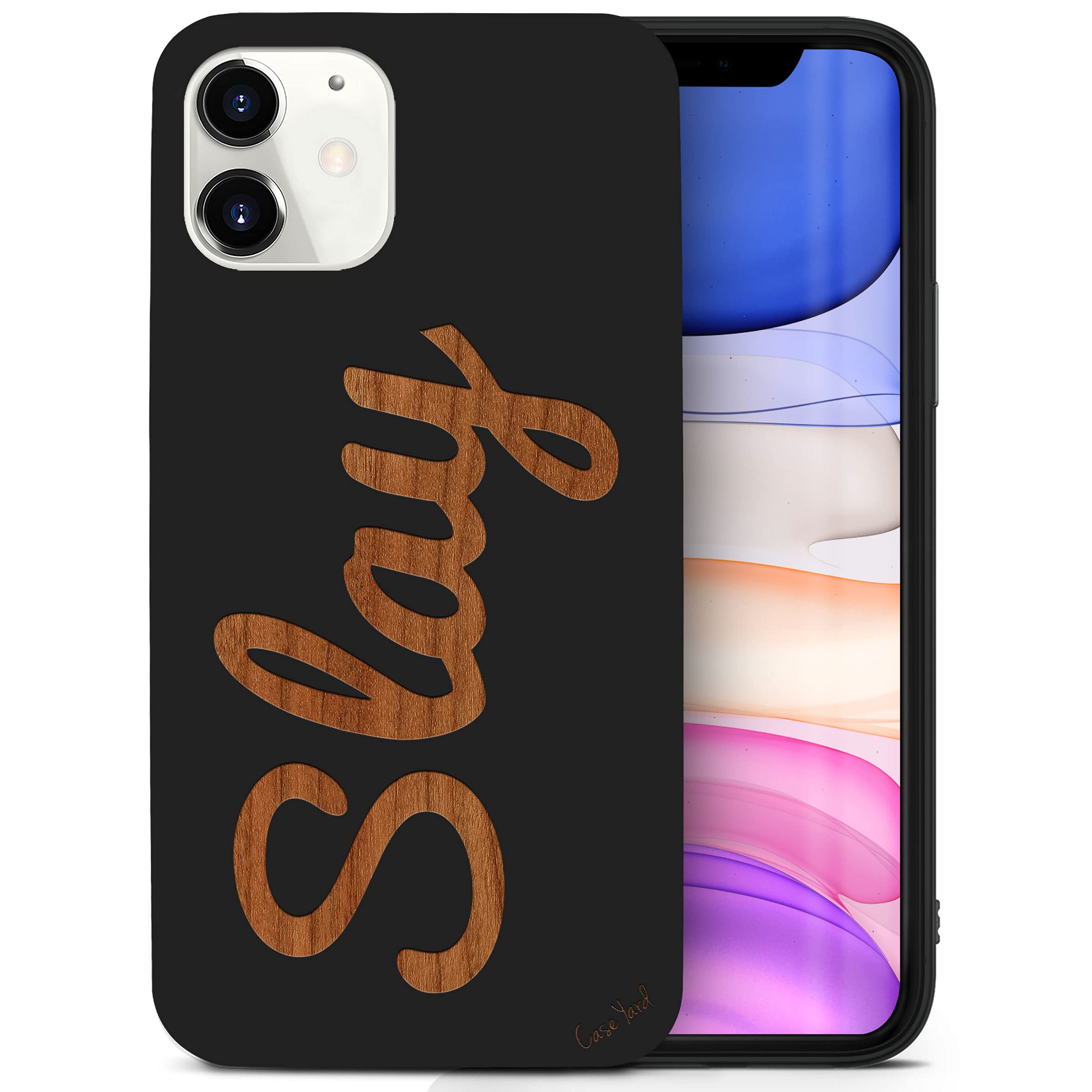 CaseYard Wood Phone Case for iPhone 12 Mini - Laser Engraved Slay Design, Black Wood Protective Cover | Shockproof & Slim Fit for Men & Women | Perfect for Daily Use, Travel & Outdoor Activities