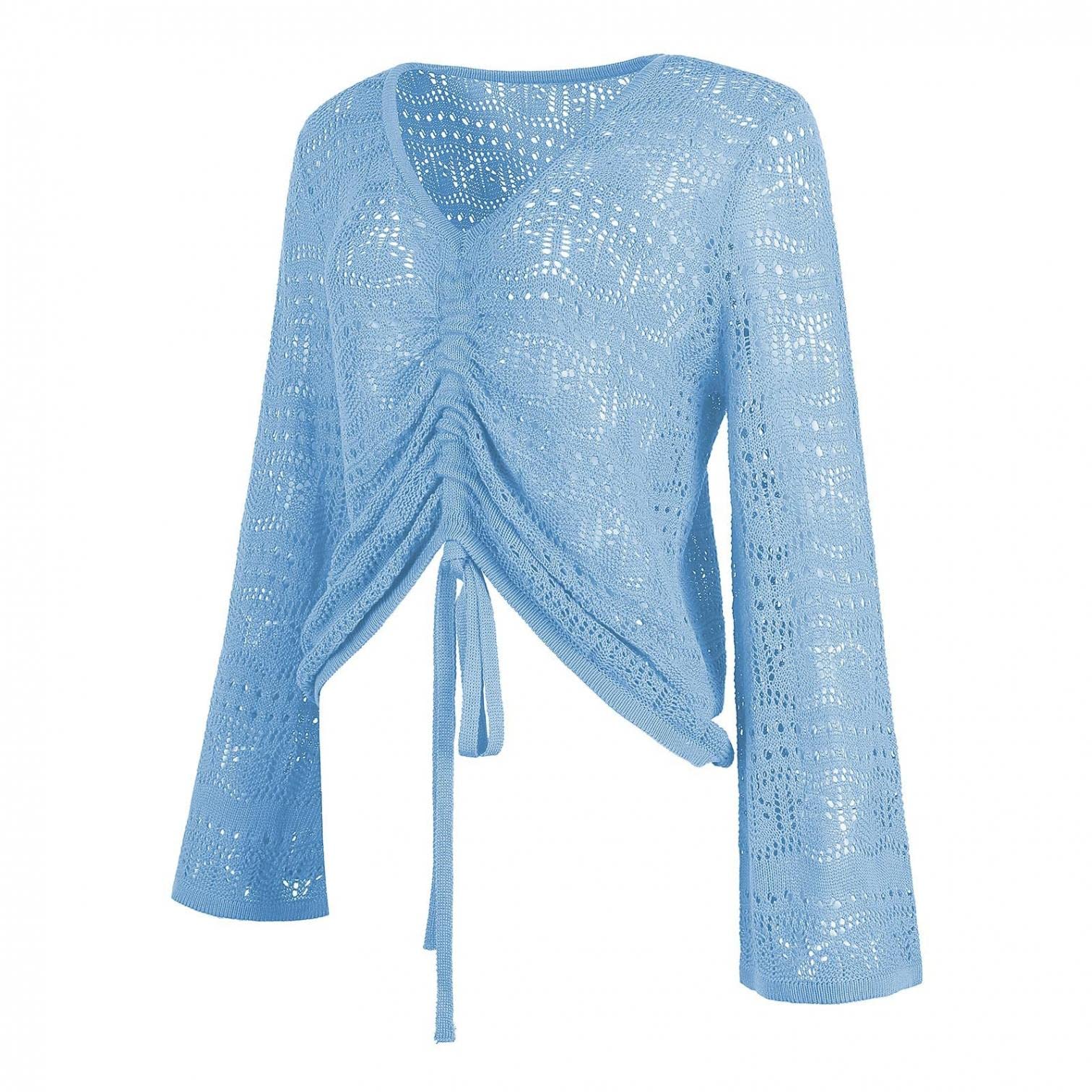 Boho Off Shoulder Sheer Crop Top for Women - Bell Sleeve Flowy Oversized Slouchy Crochet Ruched Pullover Sweater | Perfect for Beach, Music Festivals & Summer Outfits