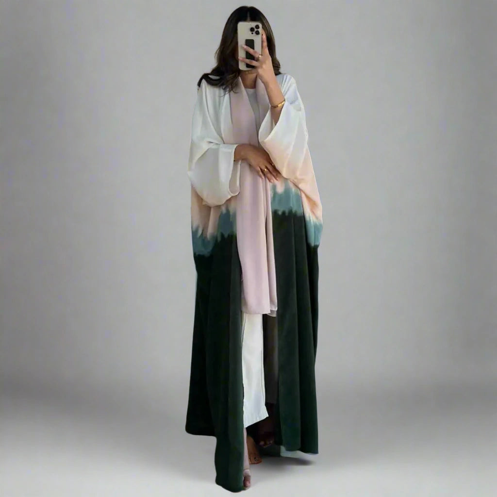 Trendy Tie Dye Muslim Women's Cardigan Open Abaya Dress - Modest Fashion for Prayer, Home & Casual Outings