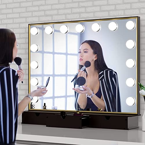 BEAUTME Hollywood Vanity Mirror with Lights - 15 LED Bulbs, 10X Magnifying Mirror, Makeup Mirror with Storage Box, Detachable Cosmetic Mirror, Black Gold - Perfect for Dressing Table, Bathroom, and Salon Use