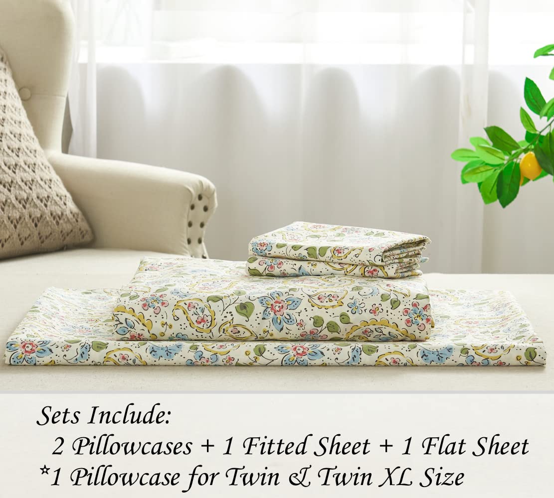 DAUAOTO 100% Cotton King Size Bed Sheet Set - Farmhouse Paisley Pattern, Deep Pocket Fits Mattress Up to 14