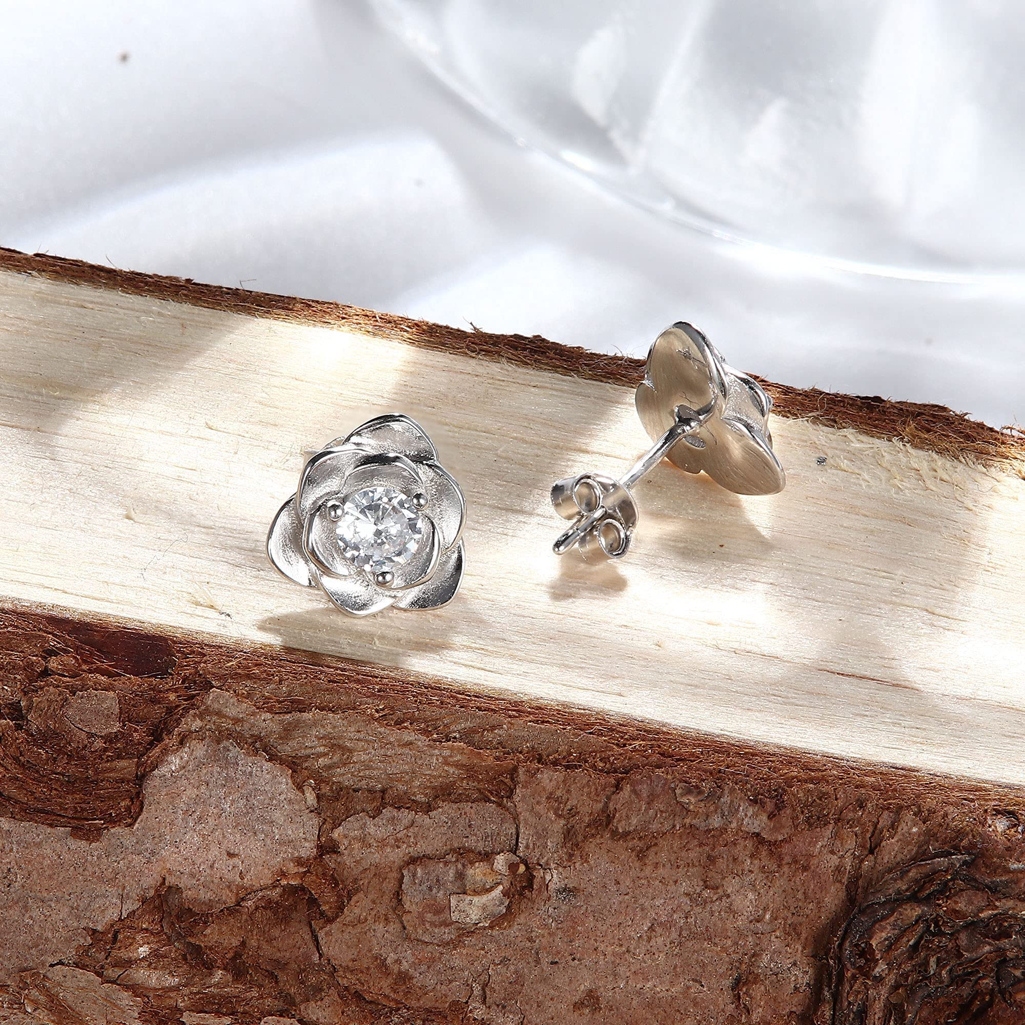 Sllaiss Rose Stud Earrings for Women - 925 Sterling Silver Cubic Zirconia Opal Flower Earrings with White Gold Plating | Perfect for Weddings, Anniversaries & Everyday Elegant Wear