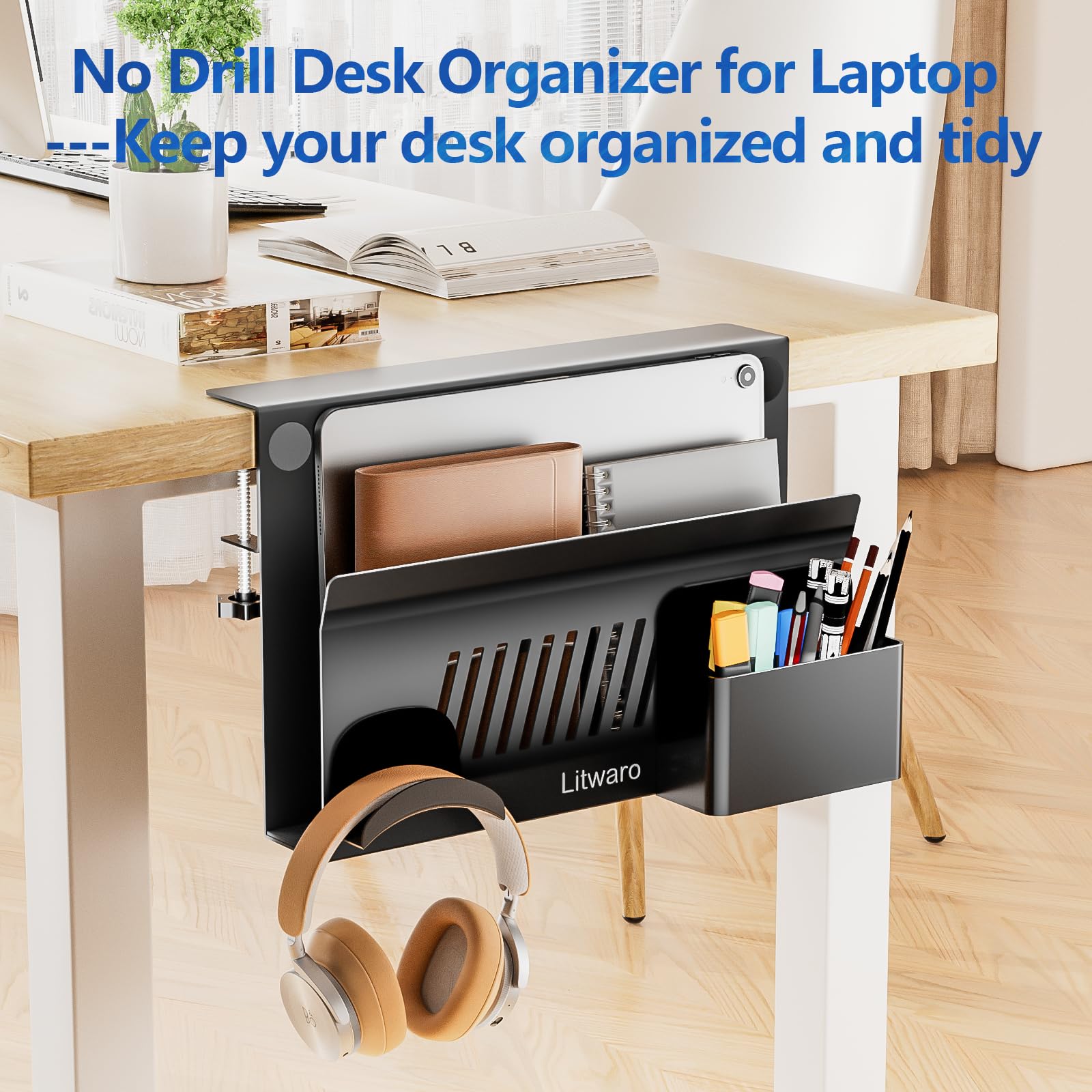 Litwaro Under Desk Laptop Mount & Organizer - No Drill Magnetic Laptop Holder with Pen Storage & Sticky Headphone Hook - Fits Flat Edges 0.4