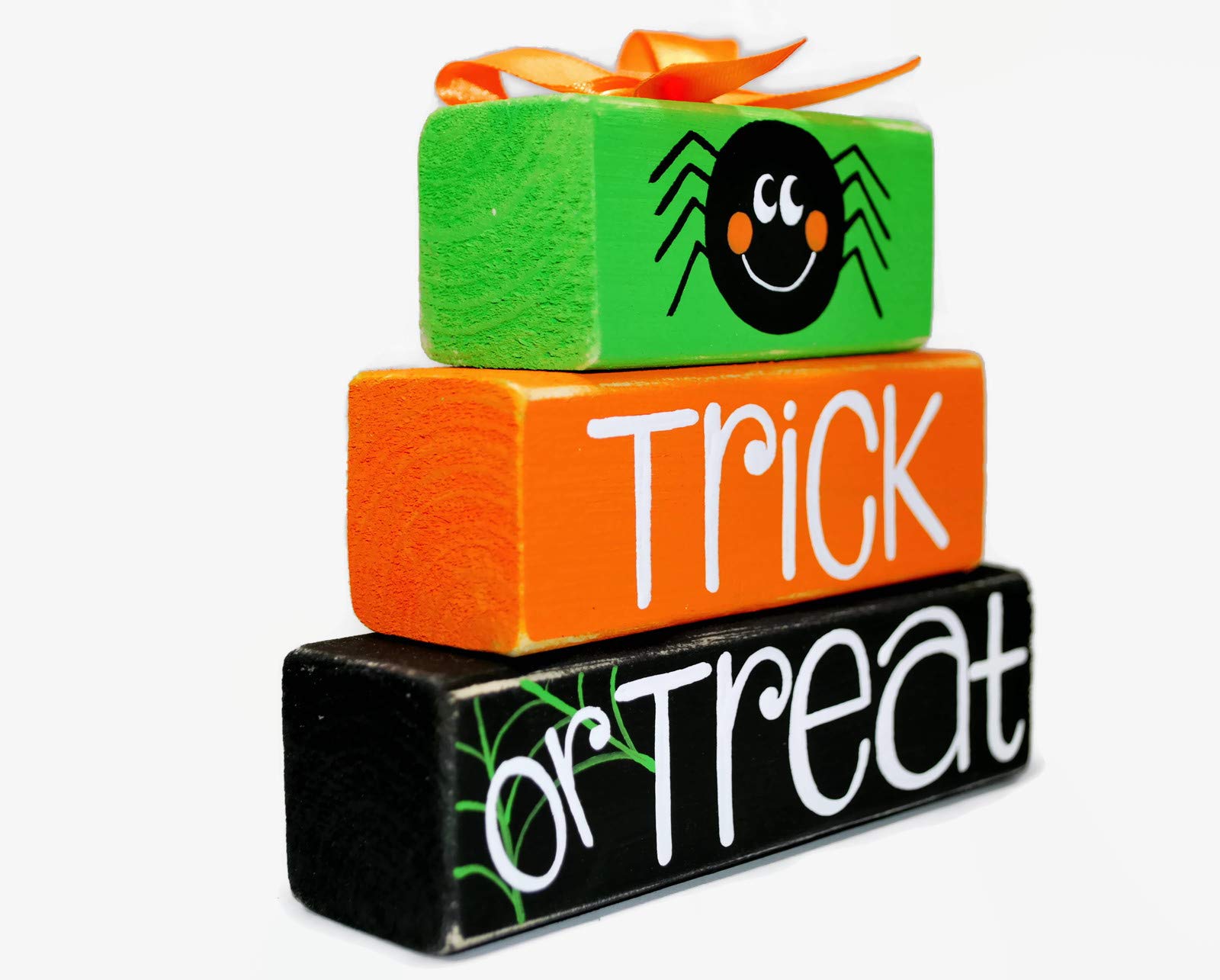 Halloween Trick or Treat Black Spider Wooden Block Shelf Sitter - Stackable Decor with Orange Web for Spooky Home & Party Decorations