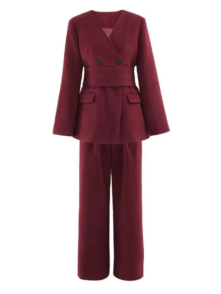 Women's Big Size Red Blazer & Wide Leg Pants Two-Piece Suit - V-Neck Long Sleeve Fashion Set for Spring Autumn 2025 | Office Wear, Business Attire, Formal Occasions