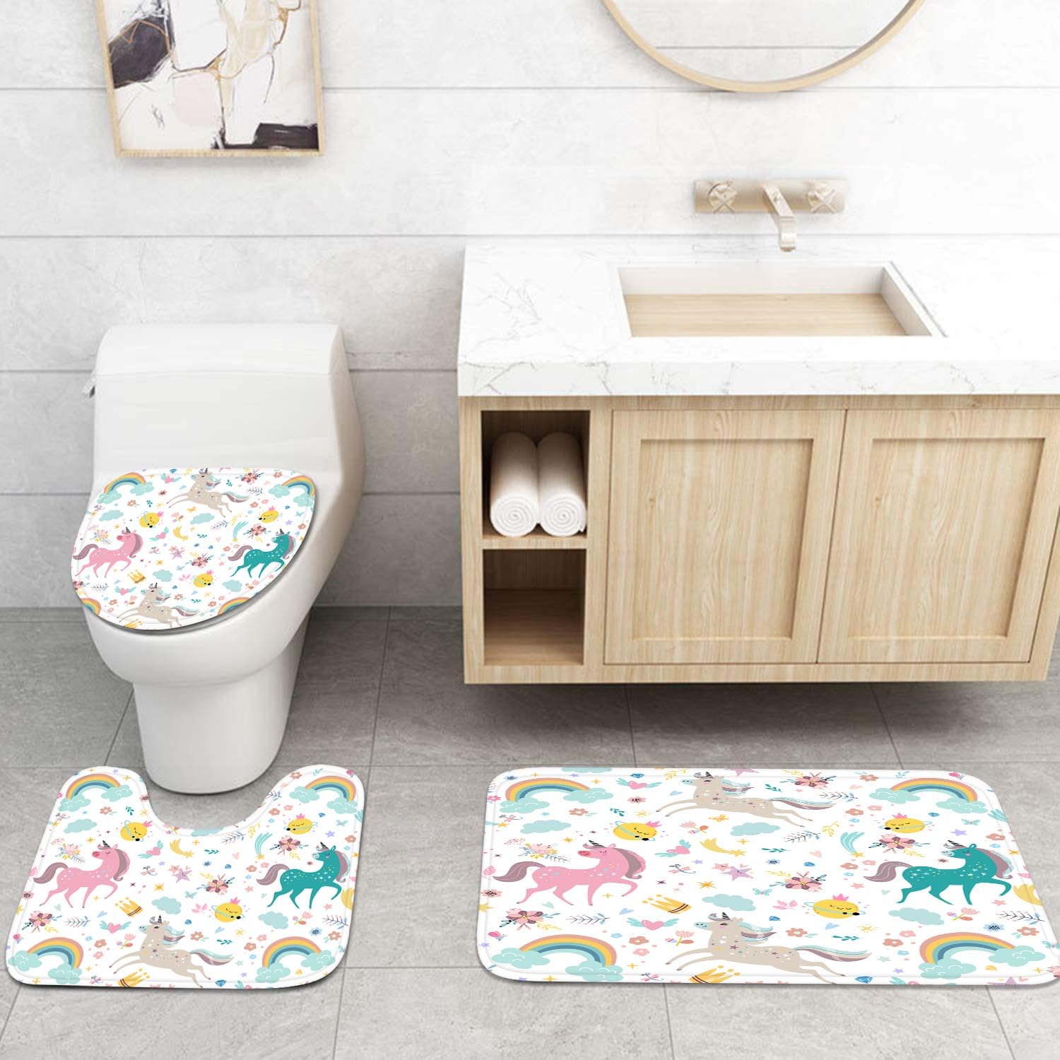 Britimes 4-Piece Shower Curtain Set with 12 Hooks - Unicorn & Animal Print Bathroom Decor, Includes Non-Slip Rug, Toilet Lid Cover & Bath Mat (72