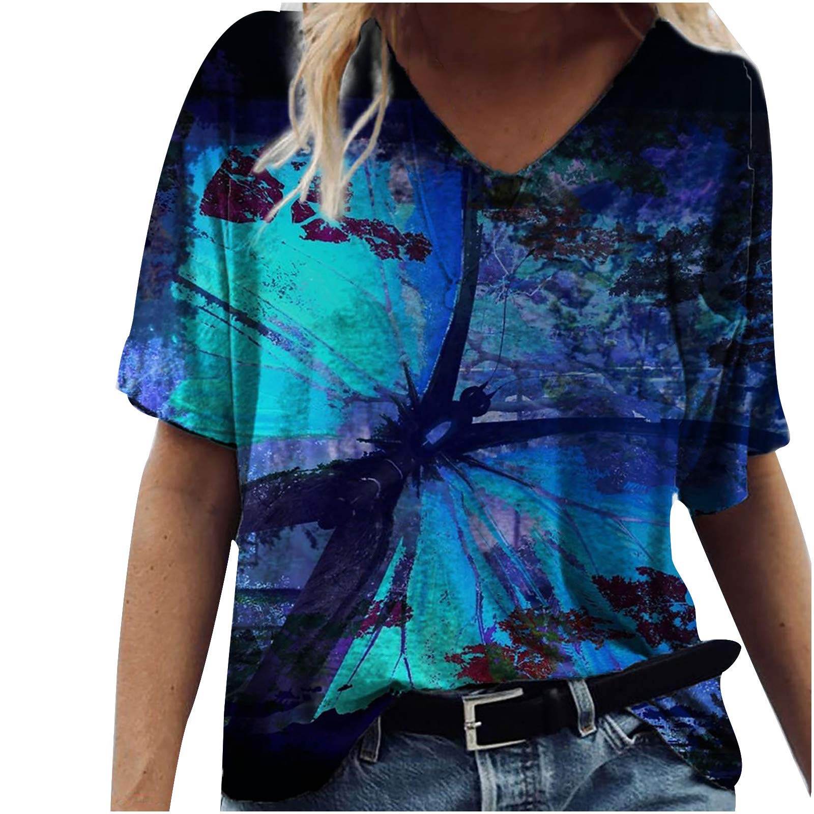 ONHUON Women's Tie Dye Short Sleeve V-Neck T-Shirt - Colorful Floral Graphic Summer Tunic Top for Casual Wear, Beach Outings & Festival Fashion