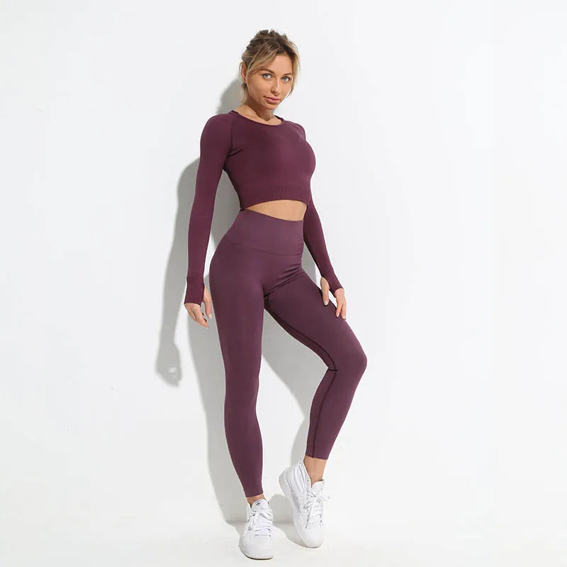 2pcs Women's Seamless Hyperflex Workout Outfits - Long Sleeve Crop Top & High Waist Leggings for Yoga, Gym & Running | Athletic Sportswear for Women | Perfect for Fitness, Training & Active Lifestyle
