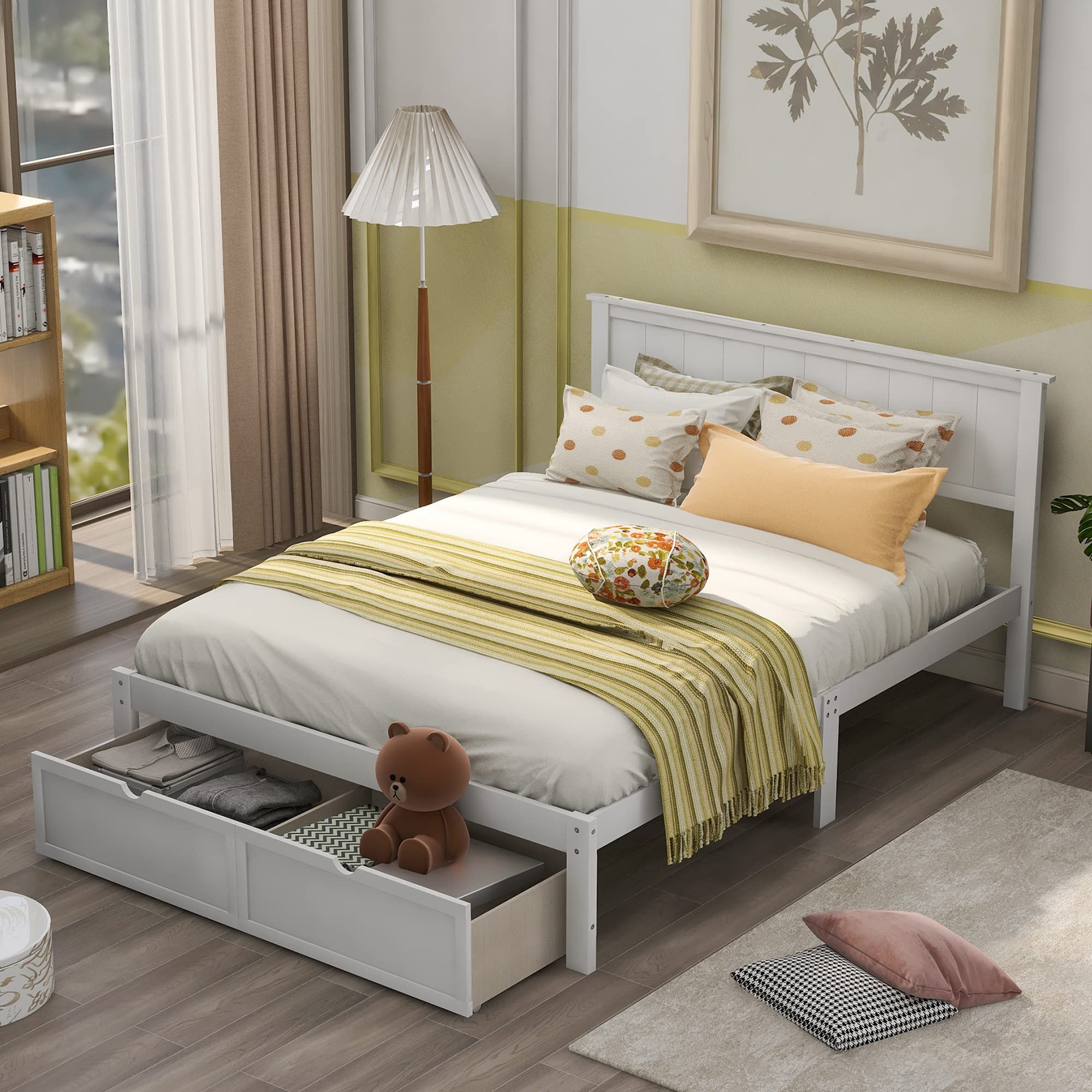 Merax Full Size Wooden Platform Bed Frame with Headboard & Storage Drawers - No Box Spring Needed - Perfect for Kids, Teens & Guest Rooms (White)