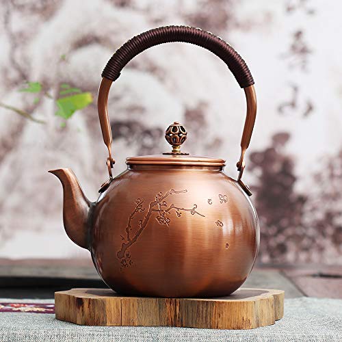 Handmade Solid Copper Stovetop Teapot with Engraved Chinese Jili (Good Luck) Plum Blossom Design - Traditional Tea Kettle for Brewing Loose Leaf Tea, Perfect for Home, Office, or Gift Giving