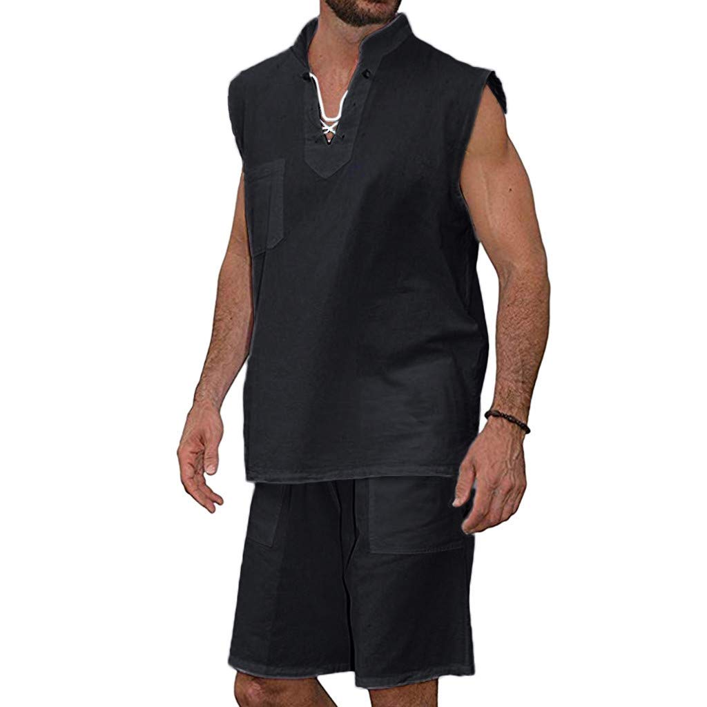 Men's 2-Piece Summer Outfit Set - Cotton Beachwear Hippie Shirt with V-Neck & Drawstring Shorts - Gym Tracksuit for Sports, Vacation & Casual Wear (Size 3XL) - Perfect for Beach, Poolside & Summer Activities