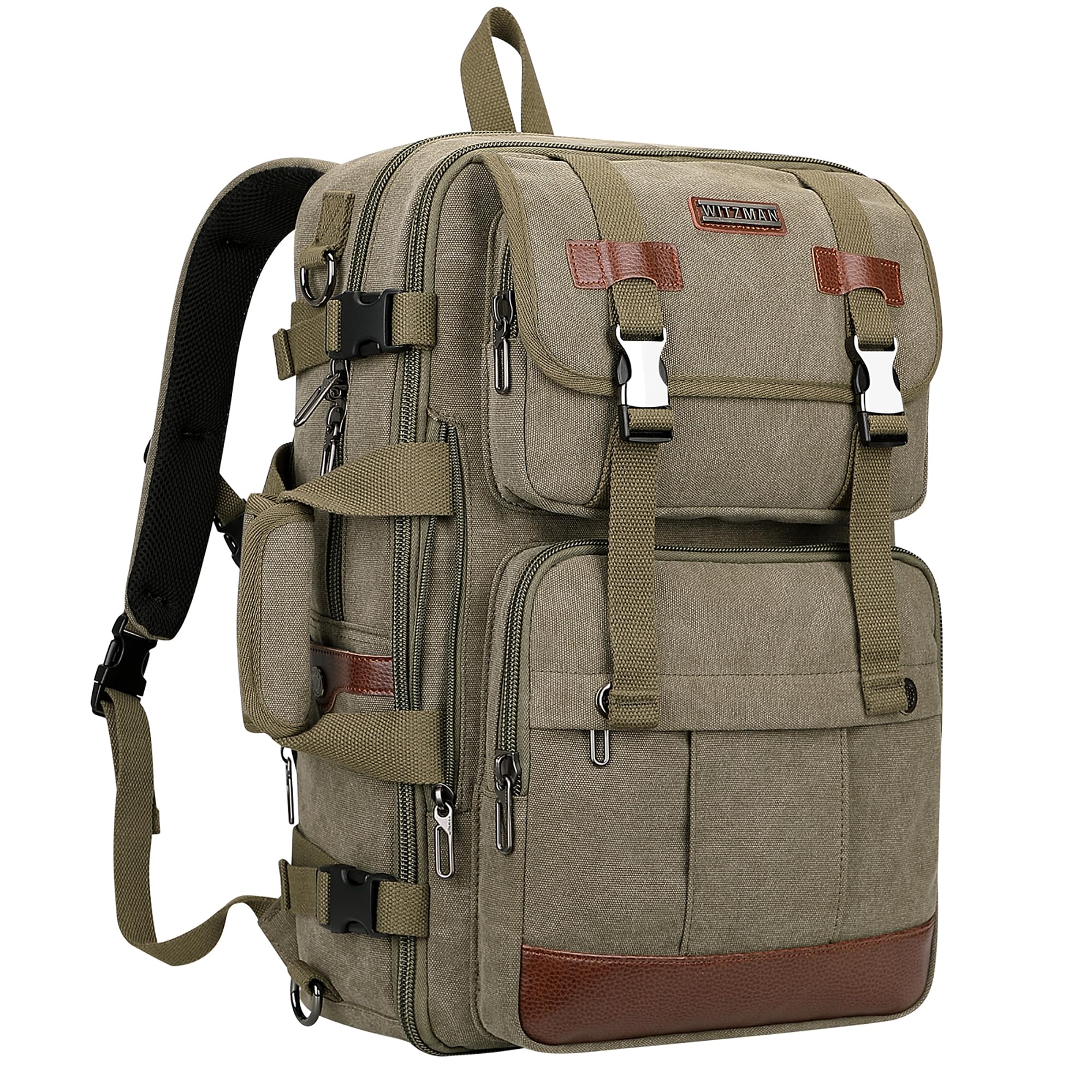 WITZMAN Men's Large Canvas Travel Backpack - 17 Inch Laptop Backpack, Airline Approved Carry-on, Convertible Shoulder Rucksack (Army Green) - Perfect for Business Trips, College & Outdoor Adventures