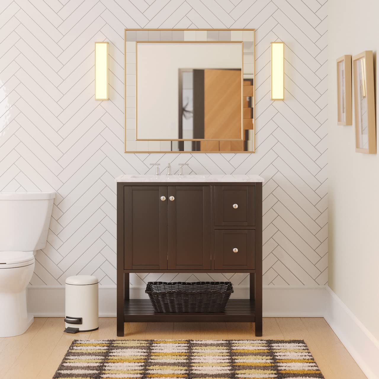 36-inch Bathroom Vanity with Engineered Carrara Countertop & Chocolate Cabinet - White Ceramic Sink Included | Modern Bathroom Storage Solution for Small Spaces | Perfect for Apartments, Guest Bathrooms & Powder Rooms