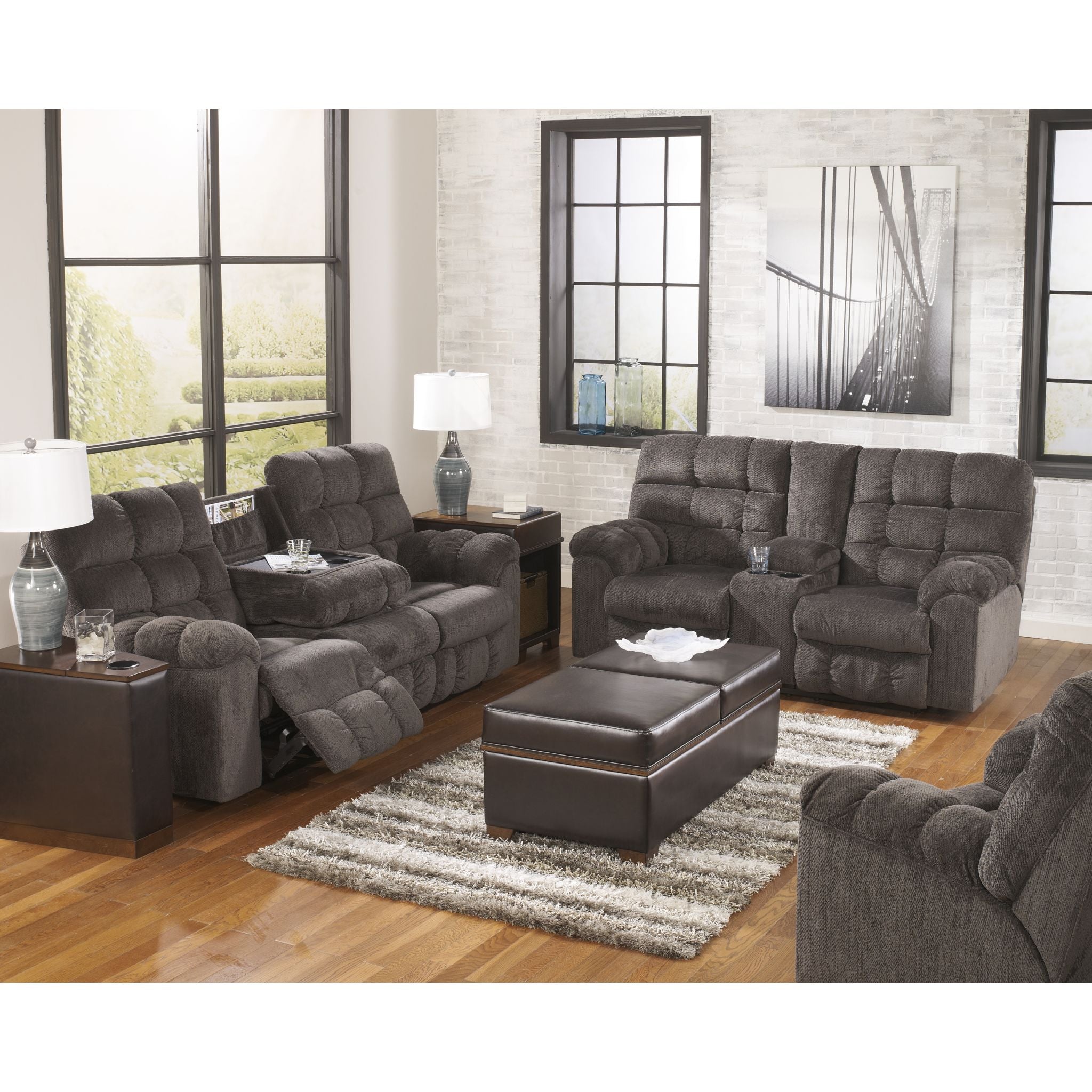 Acieona Dual Reclining Sofa with Drop Down Table in Slate Gray - Perfect for Living Room, Home Theater, and Family Gatherings