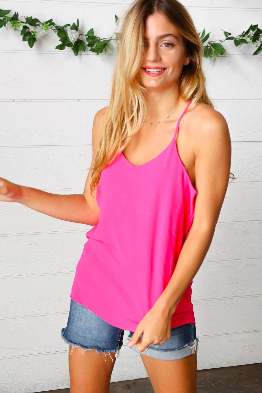 Hot Pink Adjustable Strap V-Neck Lined Cami Top for Women - Sexy Casual & Layering Essential