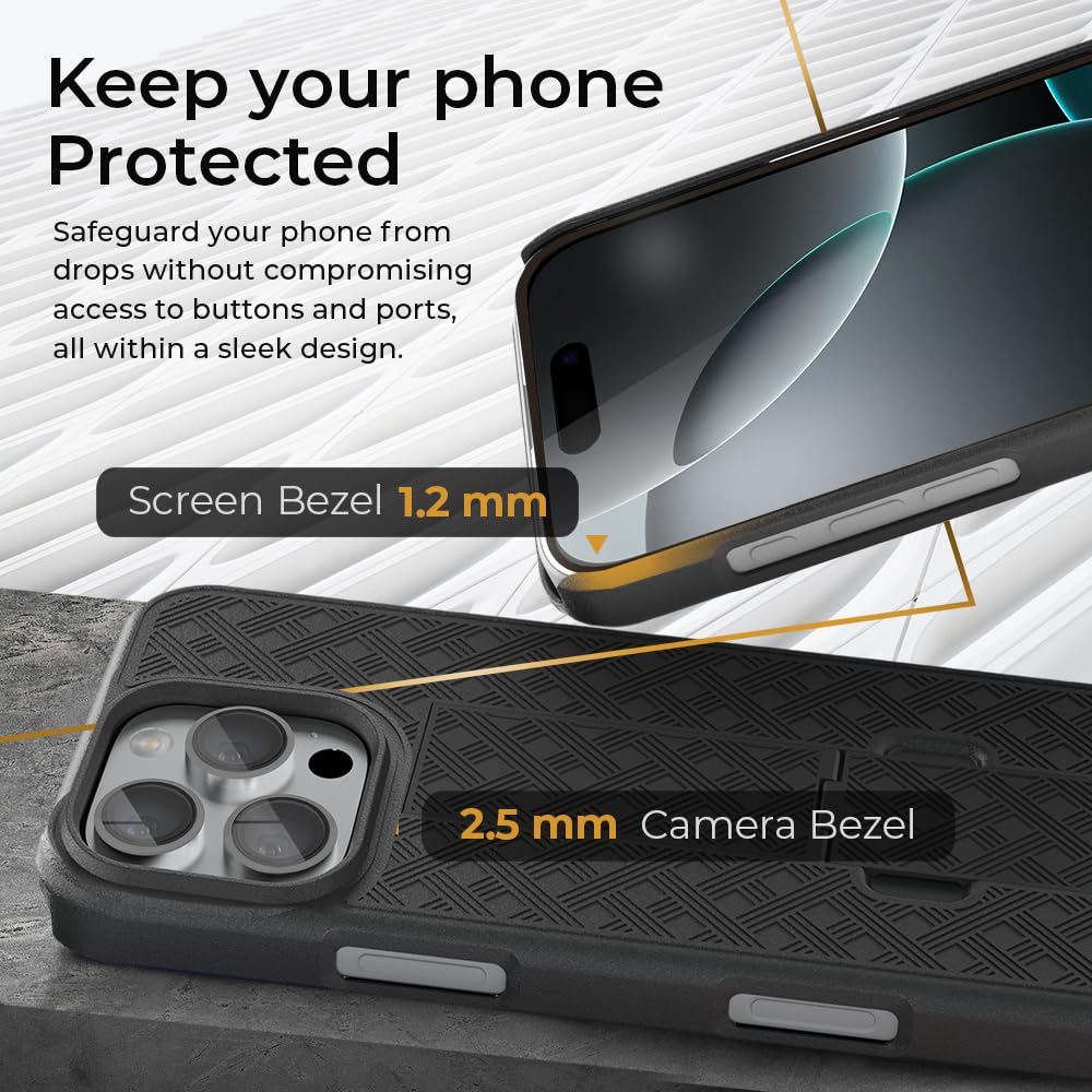 MOTIVE Rugged Holster Case for iPhone 16 Pro with Belt Clip & Kickstand | Shockproof Protective Cover | Slim Shell Holster Combo | Ranger Series | Perfect for Outdoor Adventures, Construction Work & Active Lifestyles