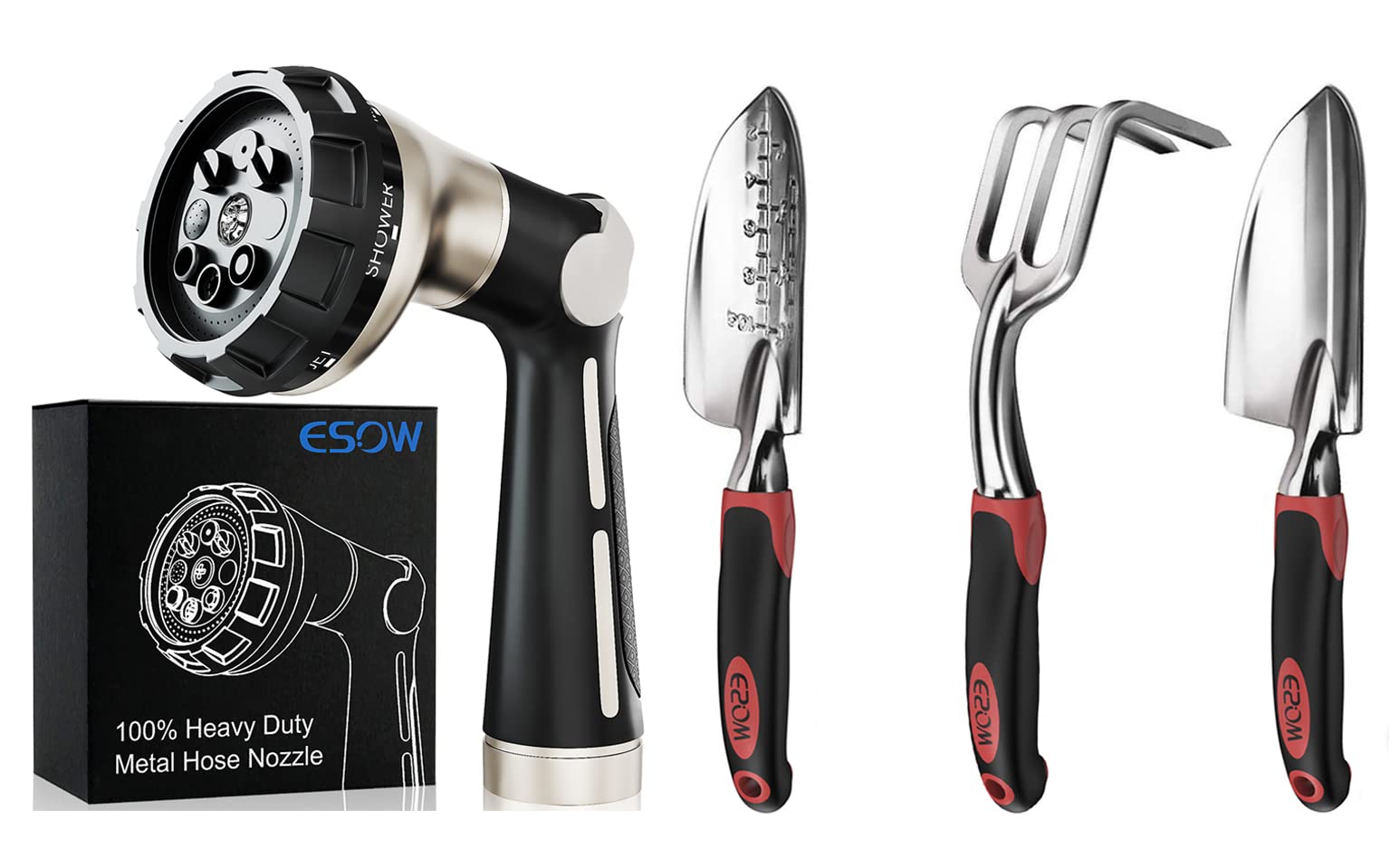 ESOW 100% Metal Heavy Duty Garden Hose Nozzle & 3-Piece Gardening Tool Set - Durable Outdoor Water Spray Nozzle with Ergonomic Handle and Rust-Proof Stainless Steel Tools for Lawn, Yard, and Plant Care