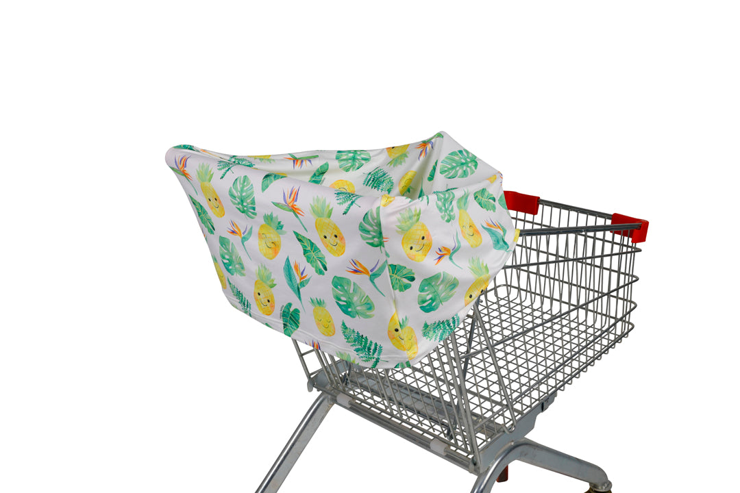 Baby Car Seat Cover - Breathable Nursing Canopy with Pineapple & Monstera Leaf Pattern in White - Perfect for Strollers, Shopping & Outdoor Adventures