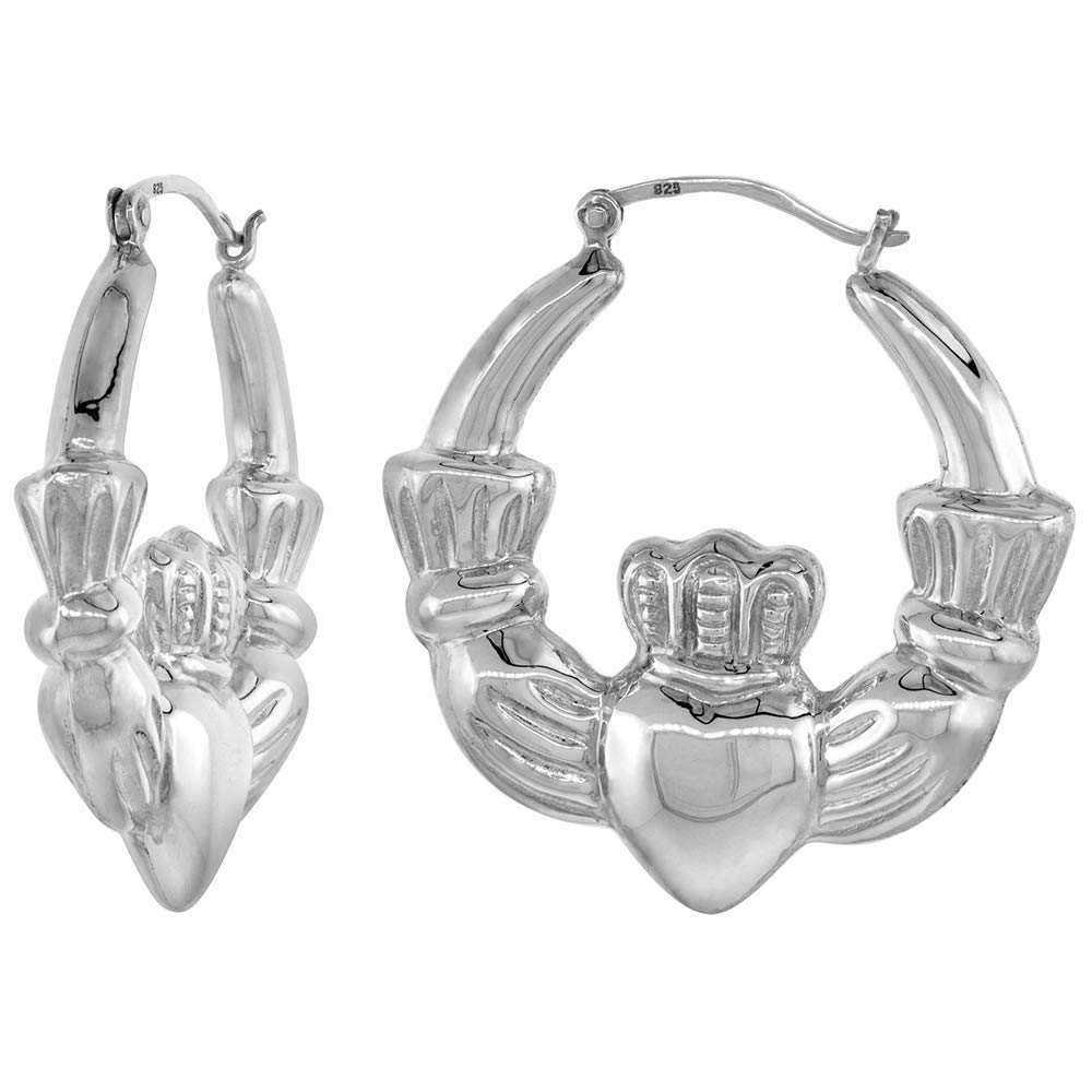Sterling Silver Creole Claddagh Hoop Earrings for Women - 3 Sizes, High Polish Finish, Click Closure | Perfect for Weddings, Date Nights & Celtic-Themed Events