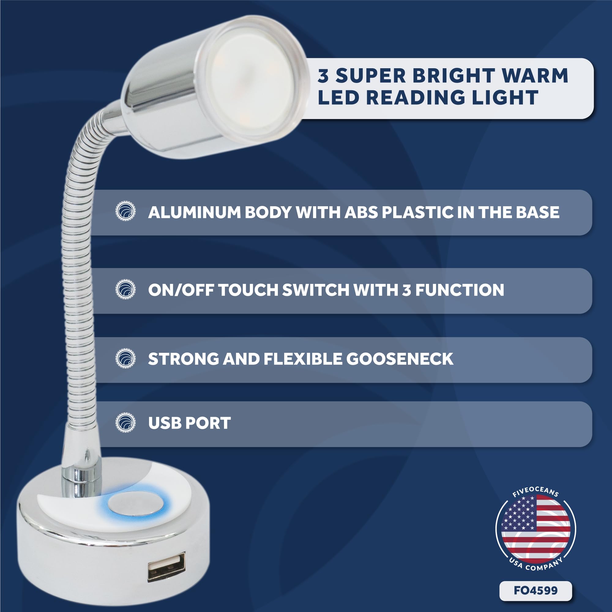 Five Oceans RV LED Reading Light with USB Charging Port - 12V Flexible Touch Control Warm White Light for RV, Boat, Camper - Perfect for Night Reading & Interior Lighting (FO4599)