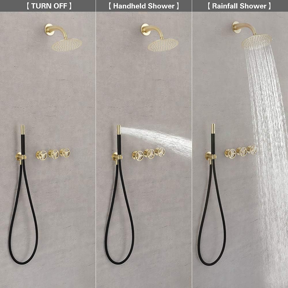 SKOWLL Rainfall Shower Faucet Set - 3 Handle Wall Mounted Bathroom Shower System with 8 Inch Shower Head & 2 Function Valve in Brushed Gold Finish | Perfect for Modern Luxury Bathrooms & Spa-Like Experience