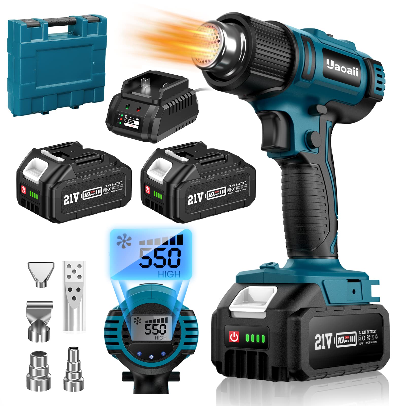 **Uaoaii 21V Cordless Heat Gun with LCD Digital Display & 2x4.0Ah Battery - 1022°F (550°C) Variable Temp Control, 5 Nozzles, LED Light - Perfect for Shrink Tubing, Paint Stripping, DIY Crafts & Home Repairs - Includes Portable Suitcase**