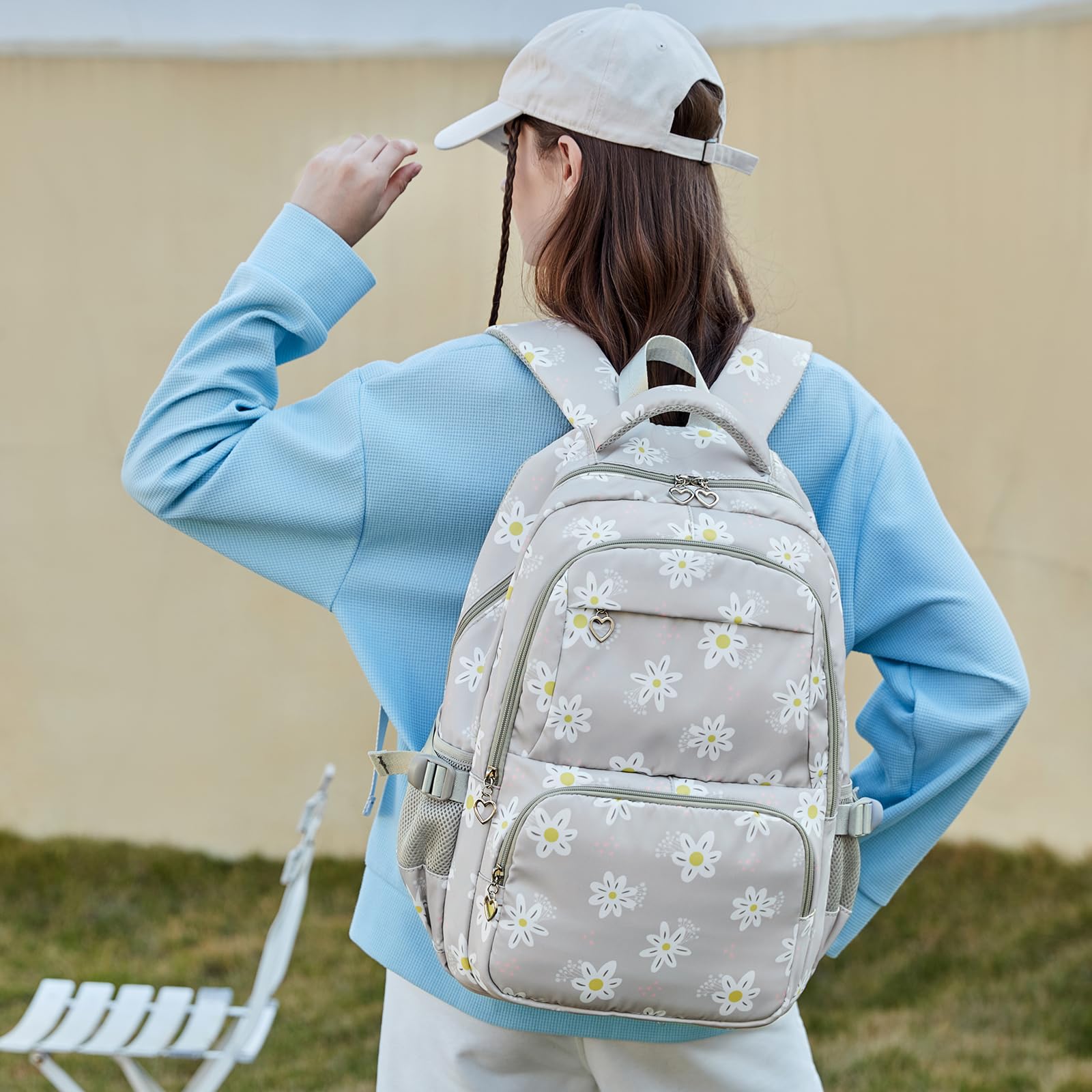 Joyfulife 3Pcs Cute Daisy Print Backpack Set for Girls - Lightweight School Backpack with Lunch Box, Elementary Student Bookbag for Daily Use, School, Travel & Outdoor Activities