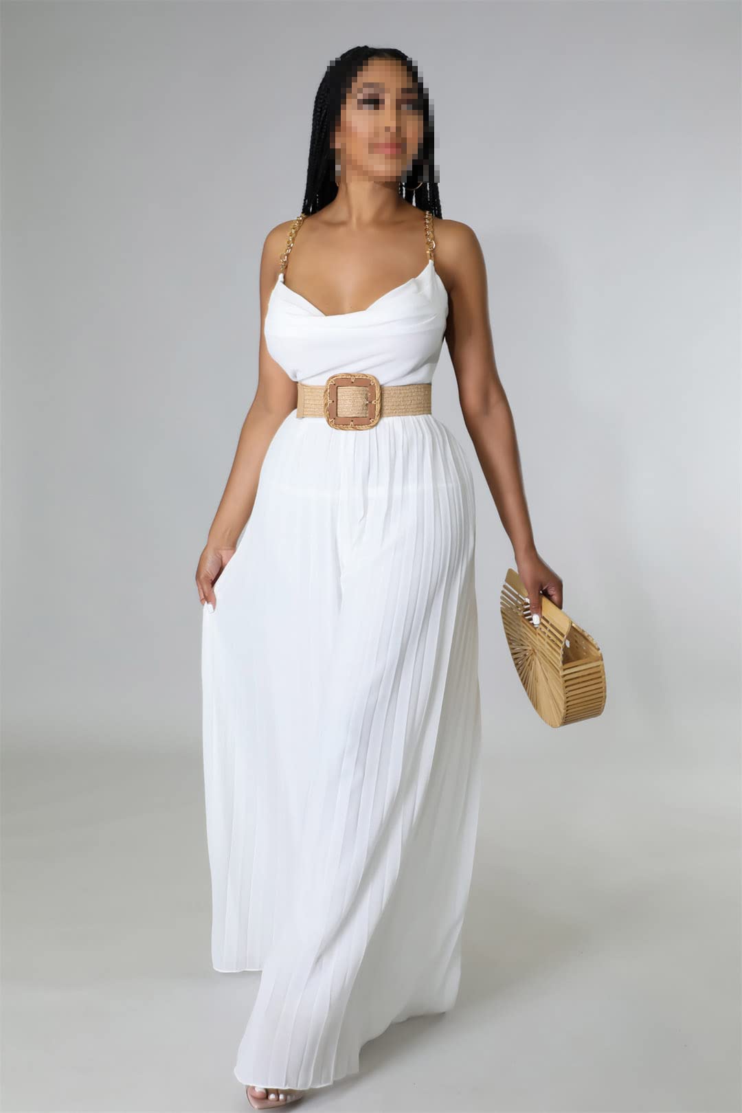 Sexy V Neck Spaghetti Strap Jumpsuit for Women - Elegant Pleated Wide Leg Long Romper with Sashes | Perfect for Casual Outings, Summer Vacations & Night Out Parties