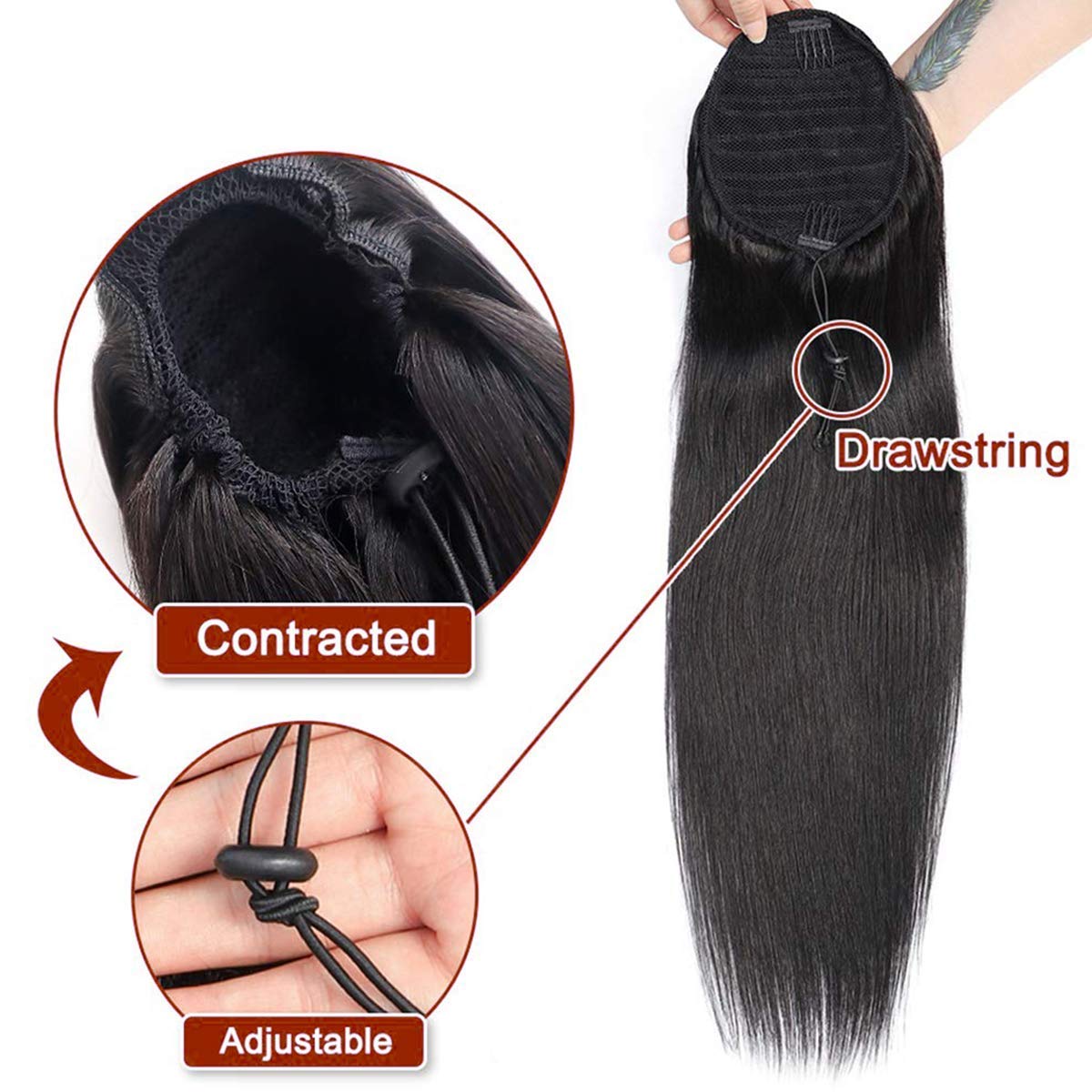 Brazilian Virgin Human Hair Ponytail Extension 22 Inch Straight - Clip In Drawstring Ponytail for Afro Hair - Perfect for Daily Wear, Parties & Protective Styles