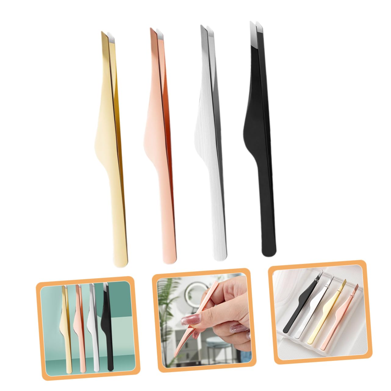 Healeved 4-Piece Professional Stainless Steel Tweezer Set - Slant Brow, Angled Hair, Ingrown Hair & Lash Tip Tools - Perfect for DIY Beauty, Brow Shaping & Lash Extension (Great for Salon & Home Use)