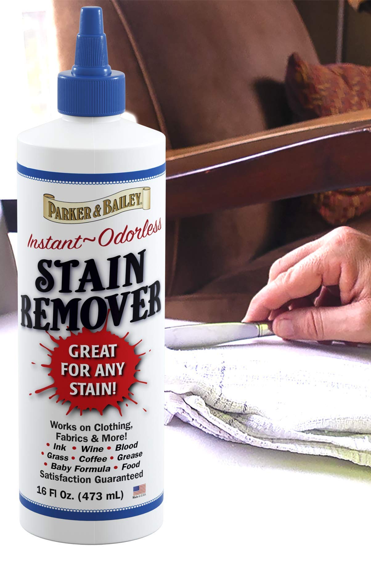 Parker and Bailey Stain Remover - Effective Blood Stain Remover for Carpet, Clothes, Sheets & Mattress | Fabric & Garment Laundry Stain Cleaner | 16oz Bottle | Perfect for Home, Travel & Emergency Stain Removal