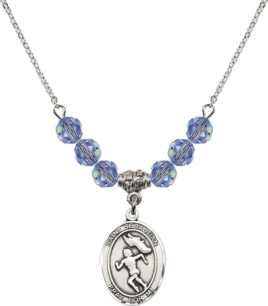 Bonyak 18 Inch Rhodium Plated Light Blue September Birthstone Necklace with 6mm Beads - Saint Sebastian Track & Field Jewelry for Women, Perfect for Birthdays, Gifts & Sports Events