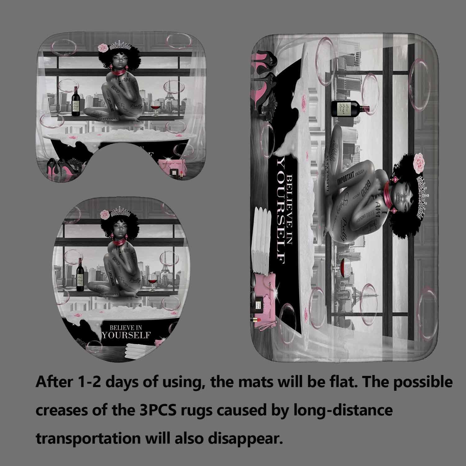 4PCS Black Woman Shower Curtain Set with Pink Floral High Heels & Wine Design - Afro Lady Bathroom Decor with Non-Slip Rugs - Inspirational Quotes for African American Women - Perfect for Romantic Bathroom Themes & Self-Care Moments