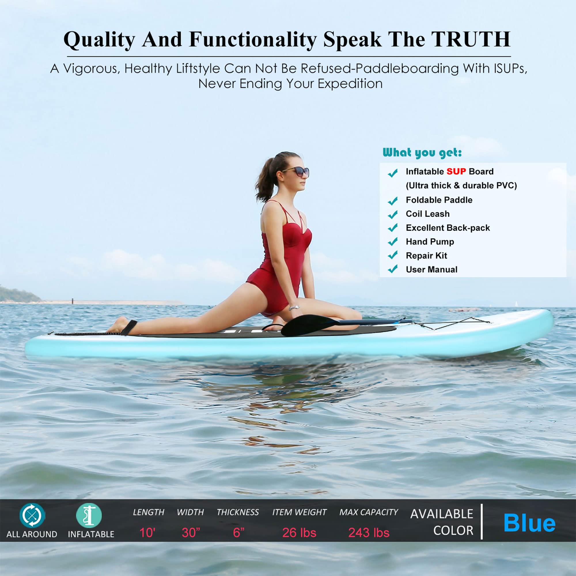 Premium Inflatable Stand Up Paddle Board (SUP) - Light Blue - Ultra-Light & Portable for Yoga, Fishing & Ocean Adventures - Perfect for Lakes, Rivers & Beach Vacations