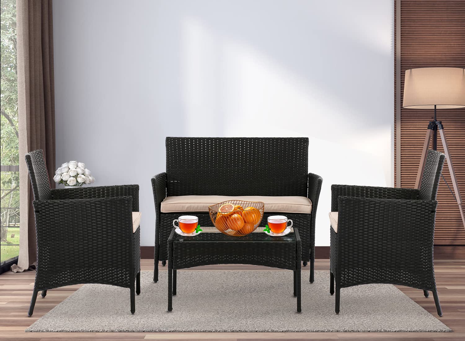 4-Piece Wicker Patio Furniture Set with Cushions - Outdoor Rattan Conversation Sofa & Table for Balcony, Backyard, Porch - Black Modern Patio Seating for Relaxing & Entertaining Guests
