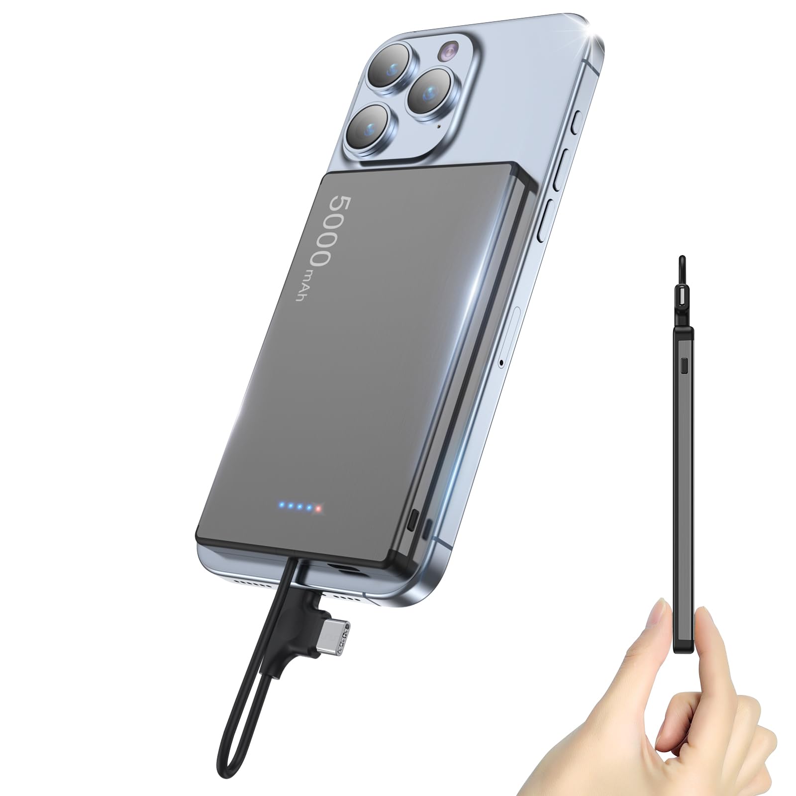 5000mAh Portable Charger Power Bank - 20W PD Fast Charging Mini Battery Pack with Built-in USB-C & Lightning Cable | Compact Phone Charger for iPhone 16/15/14/13/12 Pro Max & Samsung Galaxy | Perfect for Travel, Camping & Emergency Power Backup (Grey)