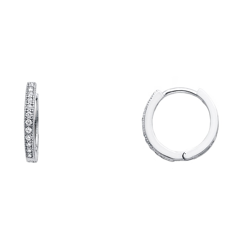 14K White Gold 1mm Thin Huggie Hoop Earrings for Women - 10mm Small Diamond Studded Everyday Hoops - Perfect for Work, Date Night & Gifts