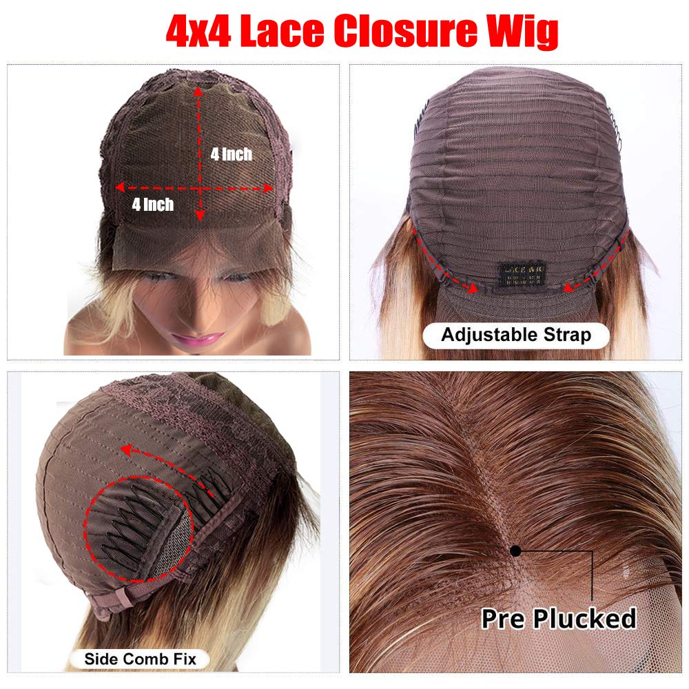 Smartinnov #4/613 Blonde to Dark Roots Ombre Human Hair Lace Front Wig - 12 Inch Straight Brazilian Virgin Hair with 4x4 Lace Closure, Pre-Plucked Hairline & 150% Density for Women | Perfect for Daily Wear, Cosplay & Special Occasions